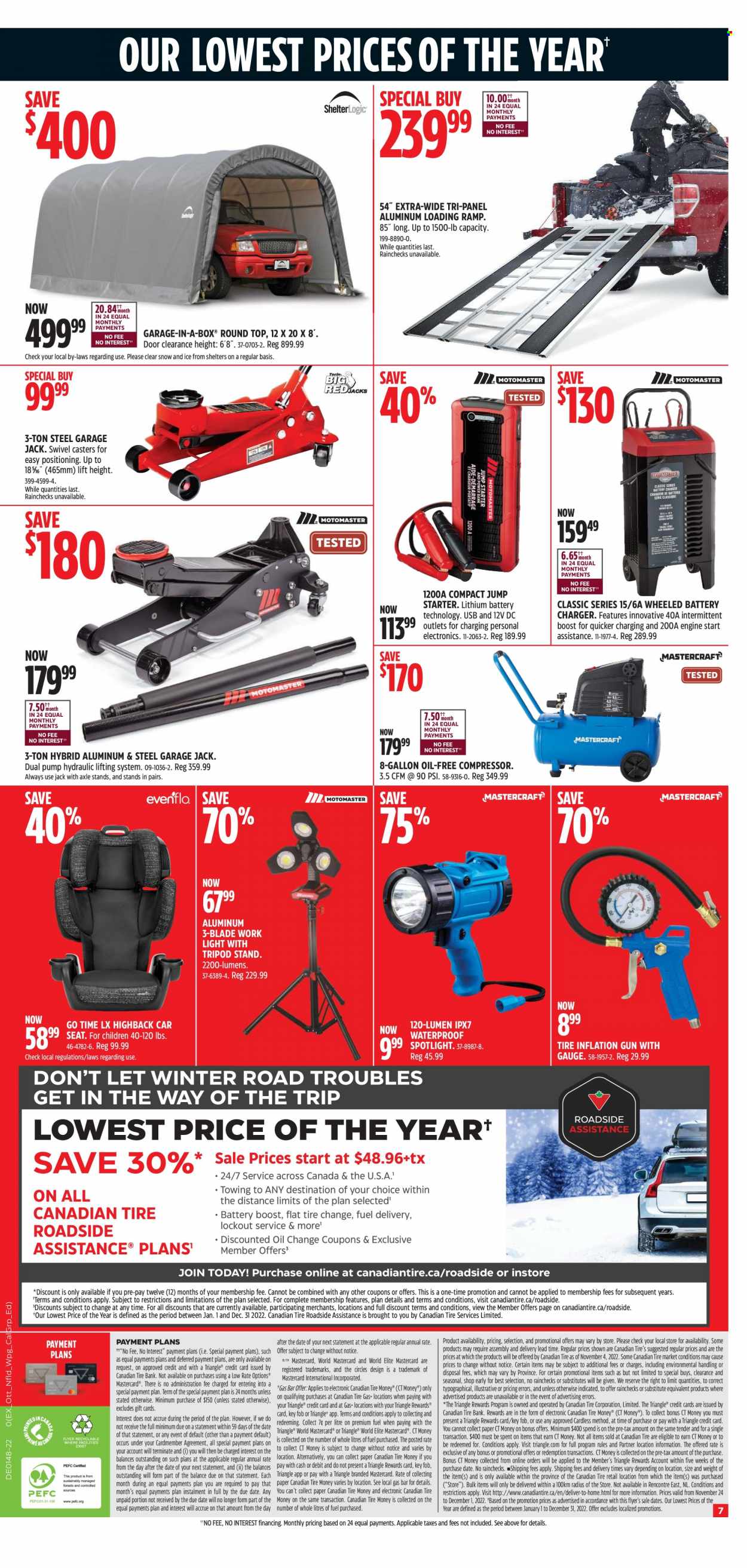 thumbnail - Canadian Tire Flyer - November 24, 2022 - December 01, 2022 - Sales products - paper, battery charger, spotlight, pump, baby car seat, work light, air compressor, starter. Page 7.