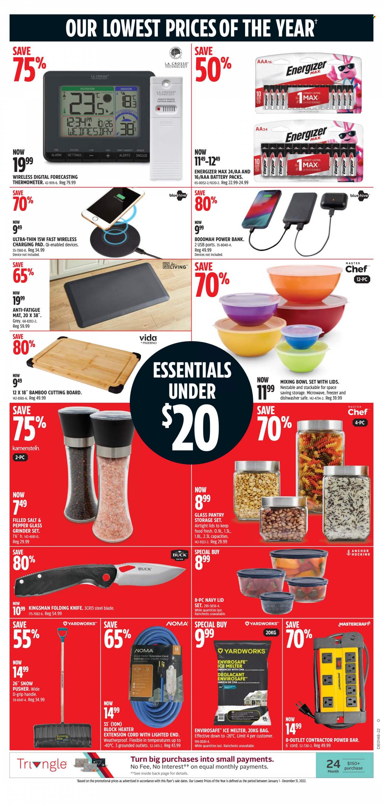 thumbnail - Canadian Tire Flyer - November 24, 2022 - December 01, 2022 - Sales products - knife, thermometer, cutting board, lid, mixing bowl, bowl set, storage container set, battery, power bank, freezer, microwave, grinder, folding knife, heater, anti-fatigue mat, extension cord, ice melter, Energizer. Page 8.
