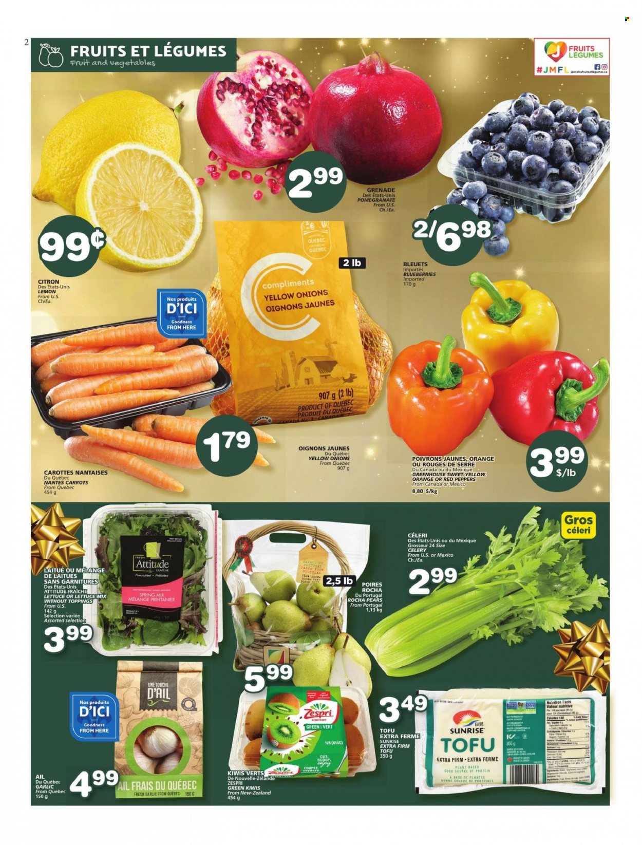 thumbnail - Les Marchés Tradition Flyer - November 24, 2022 - November 30, 2022 - Sales products - carrots, celery, garlic, onion, lettuce, peppers, red peppers, blueberries, pears, oranges, pomegranate, tofu, kiwi. Page 2.