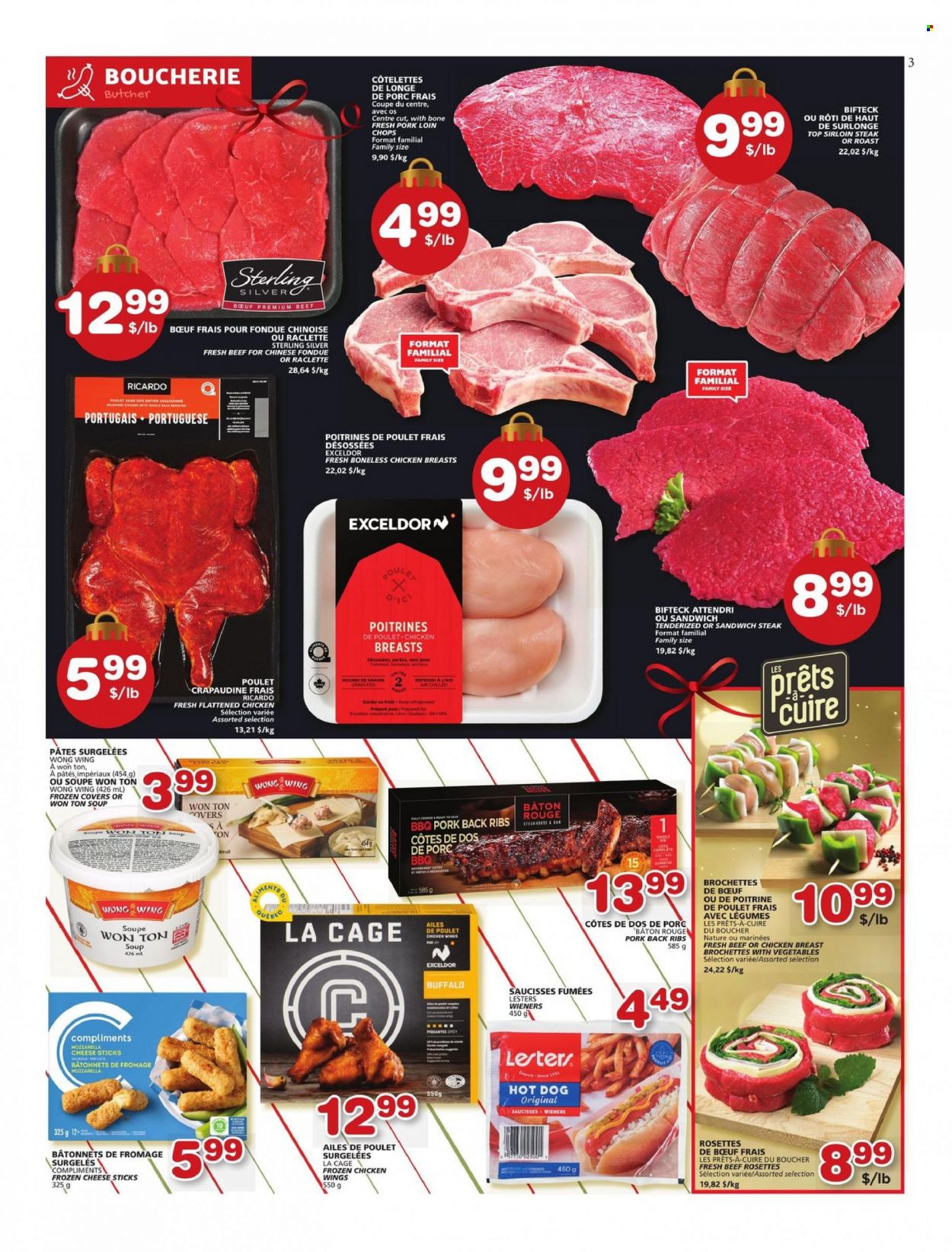 thumbnail - Les Marchés Tradition Flyer - November 24, 2022 - November 30, 2022 - Sales products - hot dog, sandwich, soup, raclette cheese, cheese, chicken wings, cheese sticks, chicken breasts, chicken, beef sirloin, sirloin steak, pork chops, pork loin, pork meat, pork ribs, pork back ribs, mozzarella, steak. Page 3.