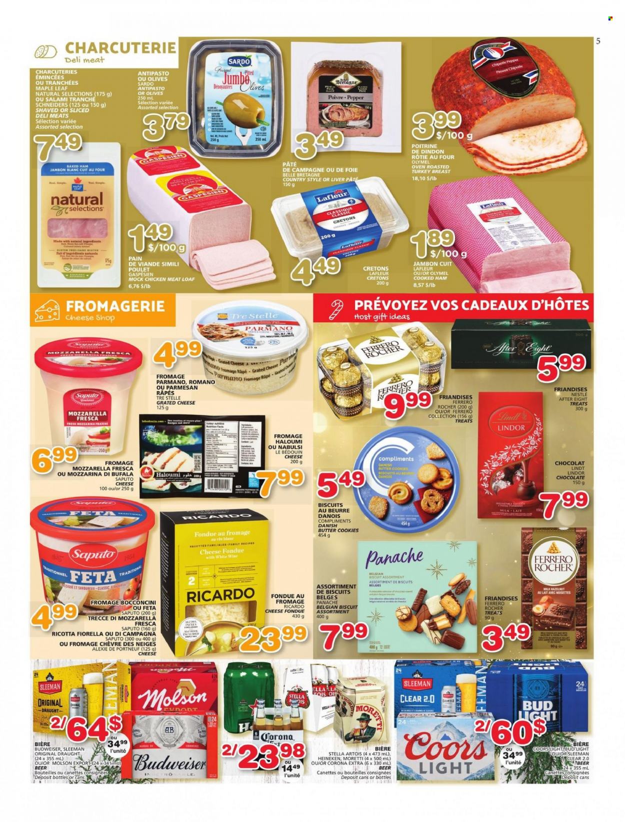thumbnail - Les Marchés Tradition Flyer - November 24, 2022 - November 30, 2022 - Sales products - cooked ham, salami, ham, bocconcini, parmesan, cheese, grated cheese, feta, milk, cookies, chocolate, butter cookies, biscuit, After Eight, pepper, wine, beer, Bud Light, Corona Extra, Heineken, chicken, Budweiser, mozzarella, Nestlé, ricotta, Stella Artois, olives, Lindt, Lindor, Ferrero Rocher, Coors. Page 5.