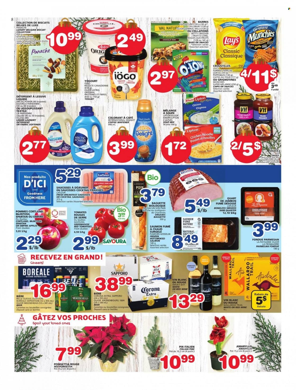 thumbnail - Les Marchés Tradition Flyer - November 24, 2022 - November 30, 2022 - Sales products - garlic, tomatoes, apples, salmon, smoked salmon, soup mix, soup, sauce, Pillsbury, noodles, ham, smoked ham, sausage, parmesan, yoghurt, biscuit, Doritos, Cheetos, Lay’s, honey, prunes, dried fruit, beer, Corona Extra, fabric softener, baguette, detergent, Lipton, Knorr. Page 7.