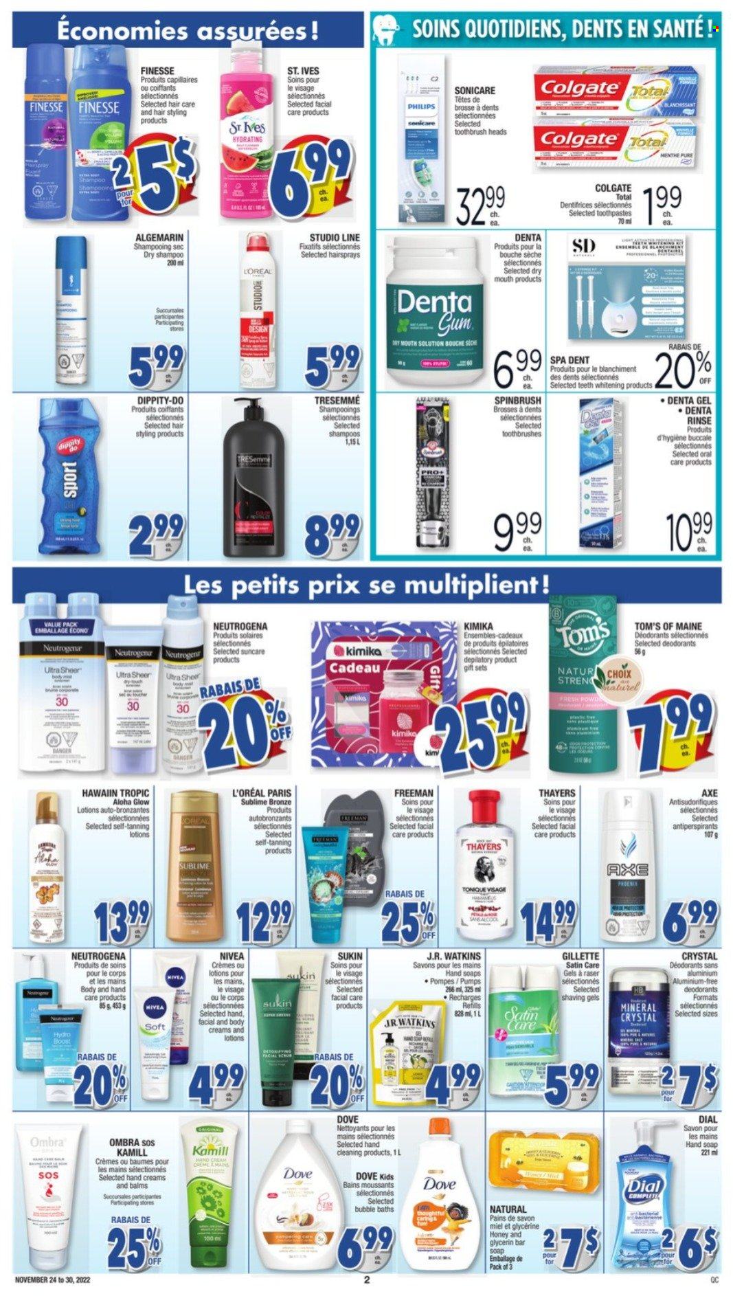 thumbnail - Jean Coutu Flyer - November 24, 2022 - November 30, 2022 - Sales products - Philips, Dove, honey, Nivea, hand soap, soap bar, Dial, soap, toothbrush, Gillette, L’Oréal, TRESemmé, Sukin, Axe, Sonicare, Colgate, Neutrogena, shampoo, deodorant. Page 2.