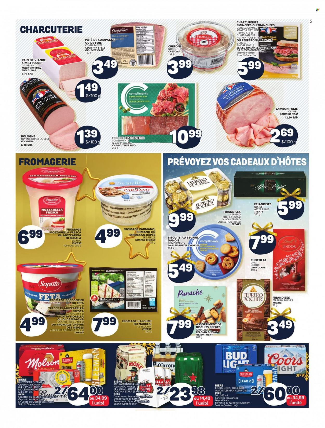 thumbnail - Marché Bonichoix Flyer - November 24, 2022 - November 30, 2022 - Sales products - cooked ham, salami, ham, prosciutto, smoked ham, bologna sausage, pepperoni, bocconcini, parmesan, cheese, grated cheese, feta, milk, cookies, chocolate, butter cookies, biscuit, After Eight, beer, Bud Light, Corona Extra, Heineken, chicken, Budweiser, mozzarella, Nestlé, ricotta, Stella Artois, Lindt, Lindor, Ferrero Rocher, Coors. Page 5.