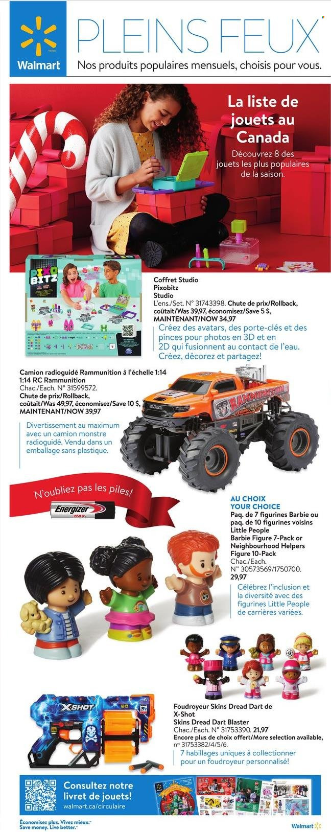 thumbnail - Circulaire Walmart - 24 Novembre 2022 - 30 Novembre 2022 - Produits soldés - Barbie, figurine, coffret, Energizer, camion, porte-clés. Page 9.