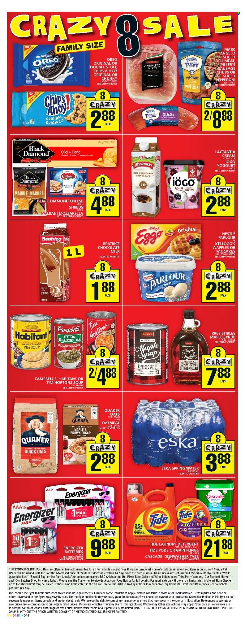 thumbnail - Food Basics Flyer - November 24, 2022 - November 30, 2022 - Sales products - waffles, seafood, Campbell's, pizza, soup, Quaker, sausage, pepperoni, Galbani, milk, chocolate, Kellogg's, Chips Ahoy!, oatmeal, oats, topping, Quick Oats, maple syrup, syrup, spring water, wine, cider, beer, Half and half, Gain, Tide, laundry detergent, Cascade, battery, detergent, Energizer, Nestlé, Oreo. Page 2.