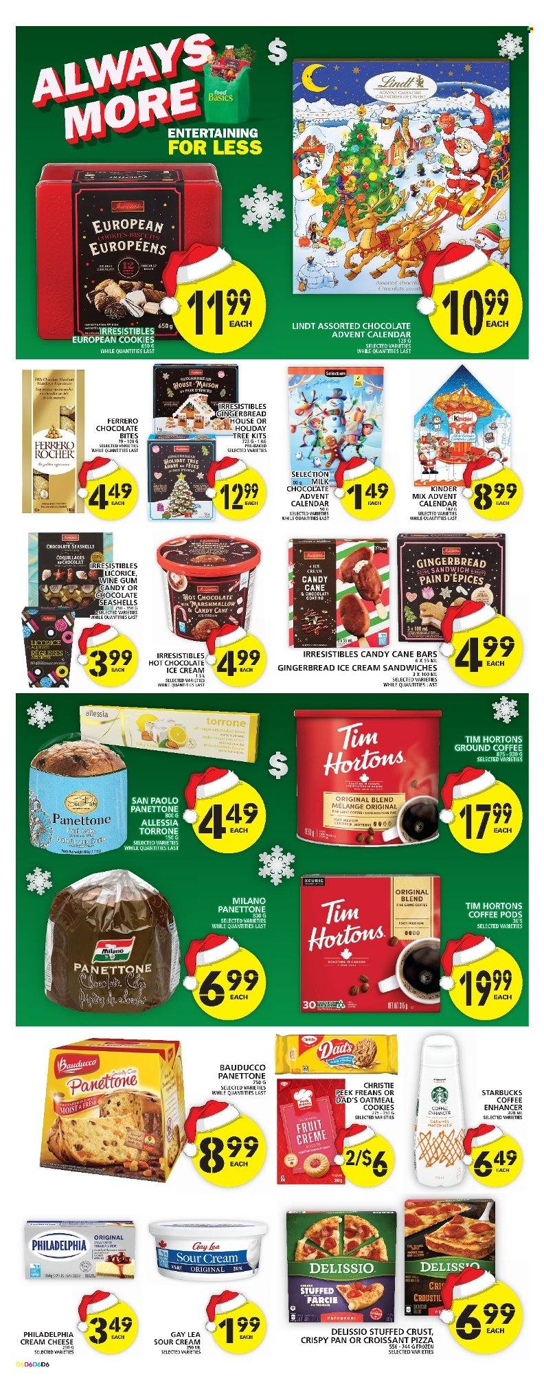 thumbnail - Food Basics Flyer - November 24, 2022 - November 30, 2022 - Sales products - cake, croissant, gingerbread, panettone, pizza, pepperoni, advent calendar, sour cream, ice cream, ice cream sandwich, cookies, marshmallows, milk chocolate, candy cane, oatmeal, hot chocolate, coffee pods, ground coffee, Starbucks, wine, pan, calendar, Philadelphia, Lindt, Ferrero Rocher. Page 7.