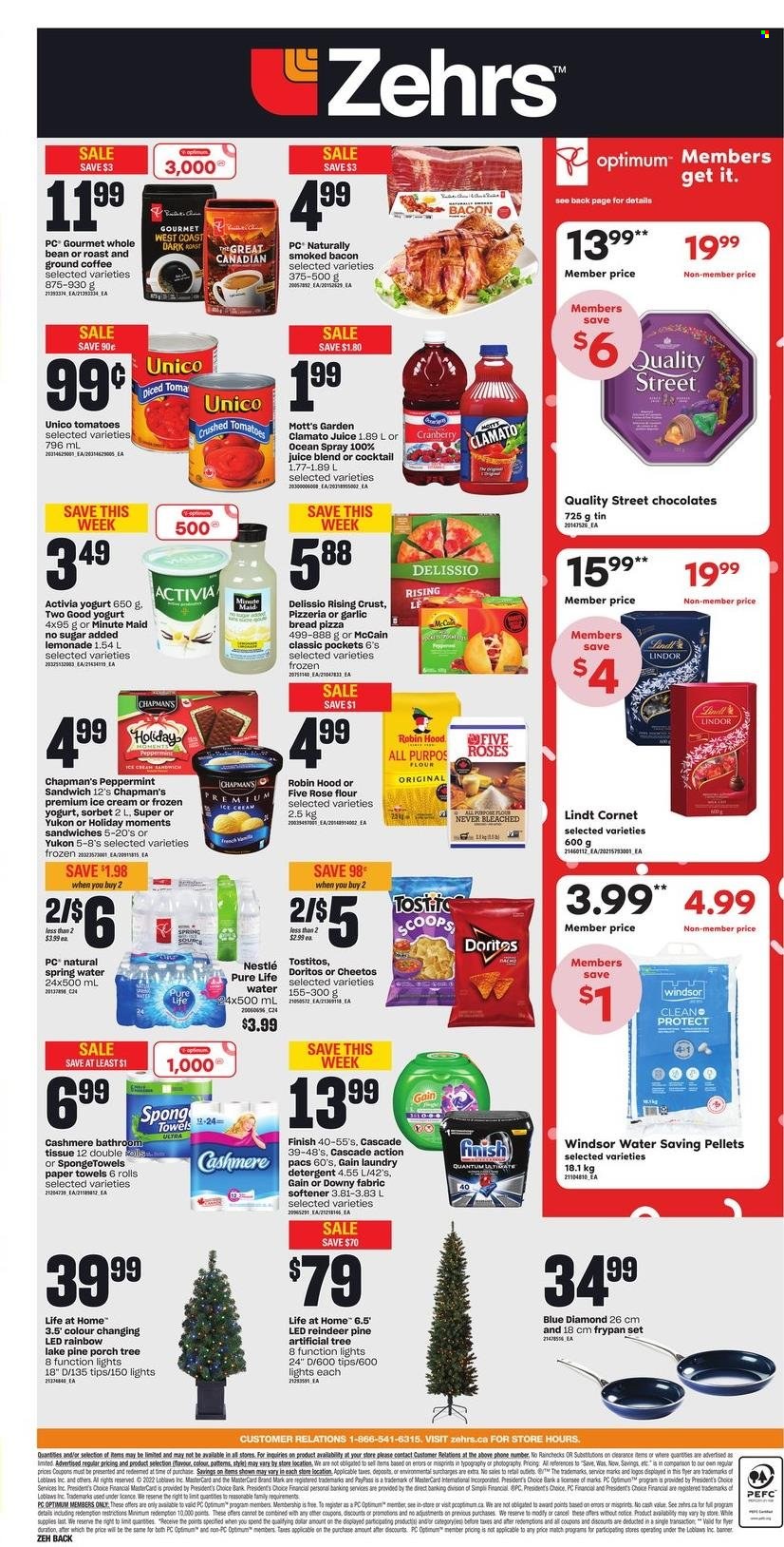 thumbnail - Zehrs Flyer - November 24, 2022 - November 30, 2022 - Sales products - bread, Mott's, pizza, bacon, Président, yoghurt, Activia, ice cream, ice cream sandwich, McCain, Doritos, Cheetos, Tostitos, all purpose flour, flour, crushed tomatoes, Blue Diamond, lemonade, juice, Clamato, fruit punch, spring water, coffee, ground coffee, rosé wine, bath tissue, kitchen towels, paper towels, Gain, fabric softener, laundry detergent, Cascade, Downy Laundry, frying pan, Optimum, Moments, reindeer, detergent, Nestlé, Lindt, Lindor. Page 2.