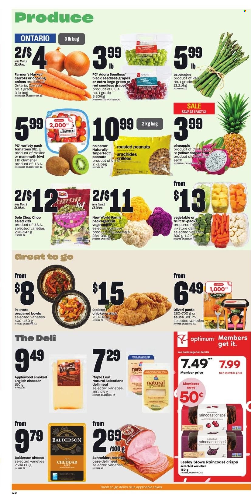 thumbnail - Zehrs Flyer - November 24, 2022 - November 30, 2022 - Sales products - asparagus, carrots, tomatoes, onion, salad, Dole, grapes, seedless grapes, pineapple, dragon fruit, No Name, pasta, bacon, cheddar, cheese, strips, chicken strips, Celebration, roasted peanuts, peanuts, Optimum, sunflower, kiwi. Page 3.