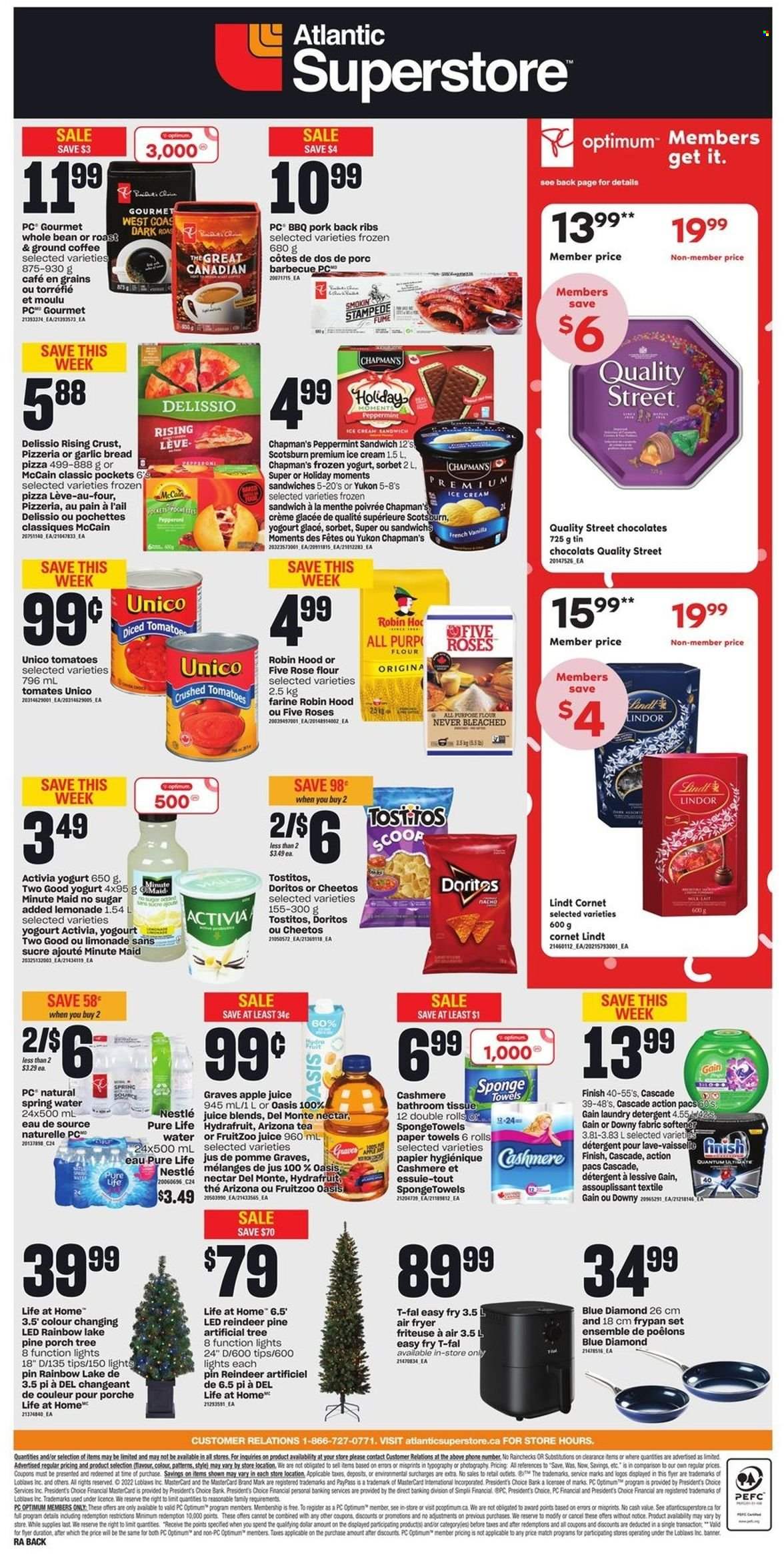 thumbnail - Atlantic Superstore Flyer - November 24, 2022 - November 30, 2022 - Sales products - bread, pizza, pepperoni, Président, yoghurt, Activia, ice cream, ice cream sandwich, McCain, Doritos, Cheetos, Tostitos, all purpose flour, flour, crushed tomatoes, diced tomatoes, Del Monte, Blue Diamond, apple juice, lemonade, juice, AriZona, fruit punch, spring water, Pure Life Water, tea, coffee, ground coffee, rosé wine, pork meat, pork ribs, pork back ribs, bath tissue, kitchen towels, paper towels, Gain, fabric softener, laundry detergent, Cascade, Downy Laundry, Optimum, Moments, detergent, Nestlé, Lindt, Lindor. Page 2.