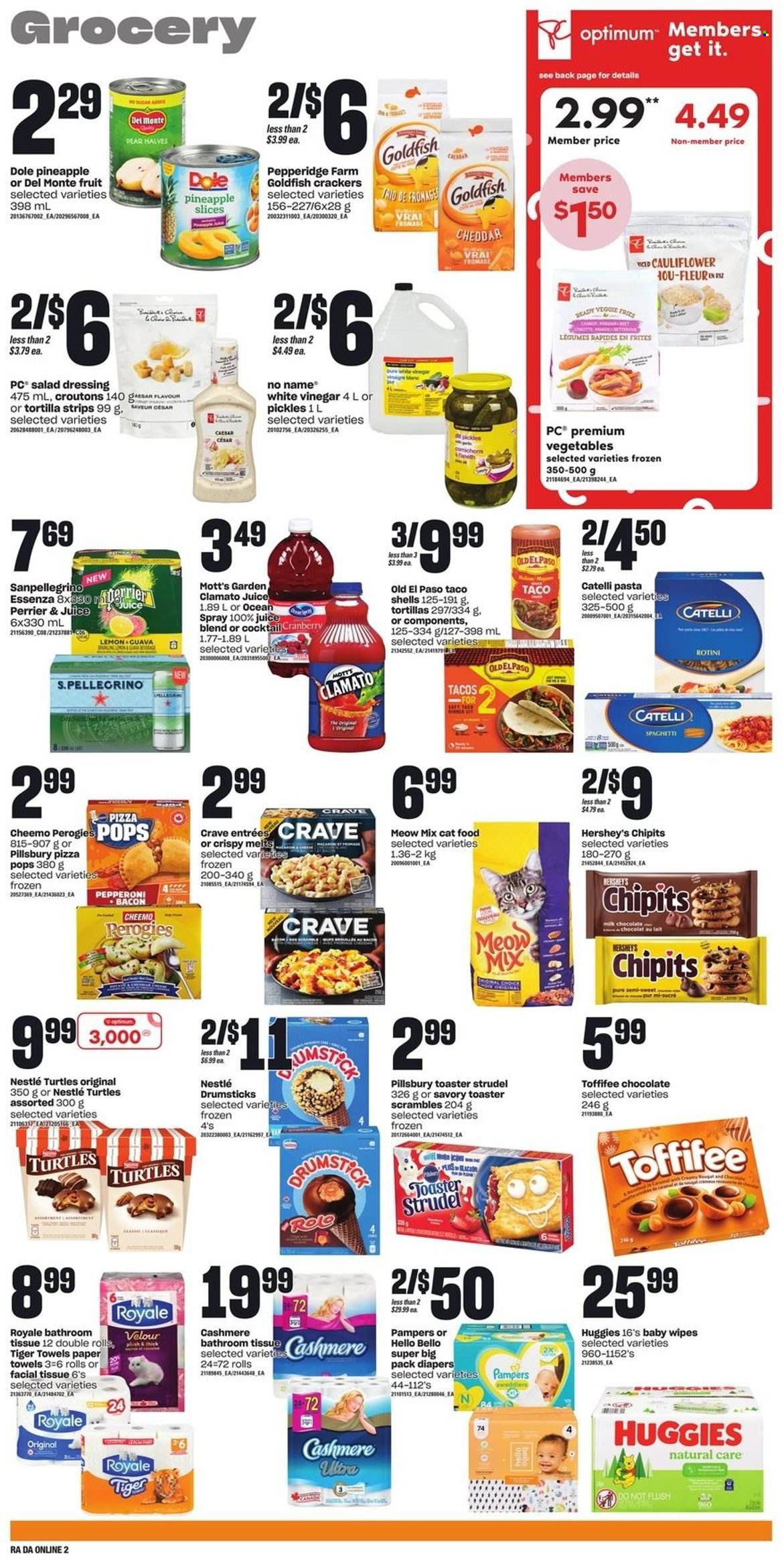 thumbnail - Atlantic Superstore Flyer - November 24, 2022 - November 30, 2022 - Sales products - tortillas, strudel, Old El Paso, tacos, Dole, guava, Mott's, No Name, spaghetti, pizza, pasta, Pillsbury, bacon, pepperoni, Hershey's, milk chocolate, chocolate, crackers, Goldfish, croutons, pickles, Del Monte, salad dressing, dressing, vinegar, juice, Clamato, Perrier, San Pellegrino, wipes, baby wipes, nappies, bath tissue, kitchen towels, paper towels, animal food, turtles, cat food, Optimum, Meow Mix, Nestlé, Huggies, Pampers, nougat. Page 8.