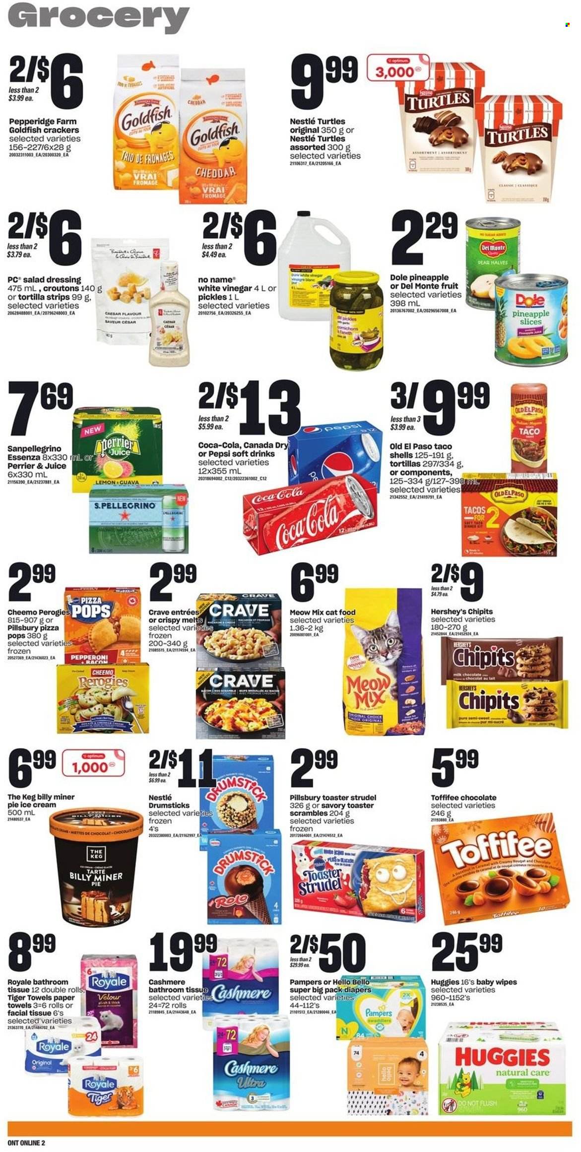 thumbnail - Loblaws Flyer - November 24, 2022 - November 30, 2022 - Sales products - tortillas, pie, strudel, Old El Paso, tacos, Dole, guava, No Name, pizza, Pillsbury, pepperoni, ice cream, Hershey's, milk chocolate, crackers, Goldfish, croutons, pickles, Del Monte, caramel, salad dressing, dressing, vinegar, Camel, Canada Dry, Coca-Cola, Pepsi, juice, soft drink, Perrier, San Pellegrino, wipes, baby wipes, nappies, bath tissue, kitchen towels, paper towels, animal food, turtles, cat food, Optimum, Meow Mix, Nestlé, Huggies, Pampers, nougat. Page 6.