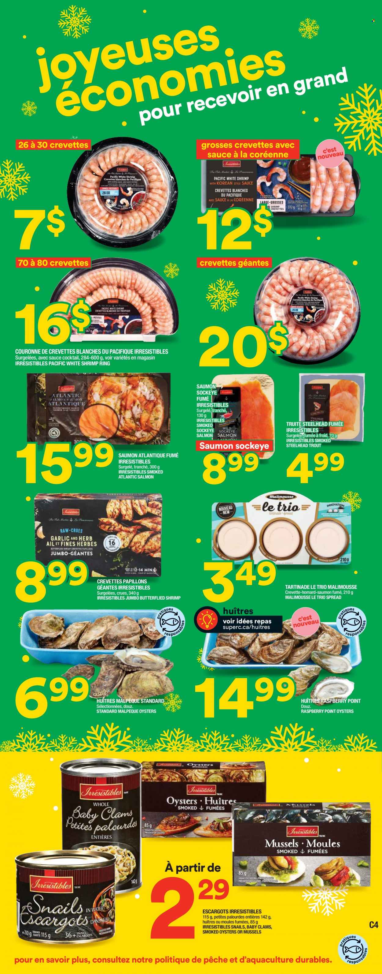 thumbnail - Super C Flyer - November 24, 2022 - January 04, 2023 - Sales products - clams, mussels, salmon, smoked oysters, trout, oysters, shrimps, sauce, Joy. Page 4.