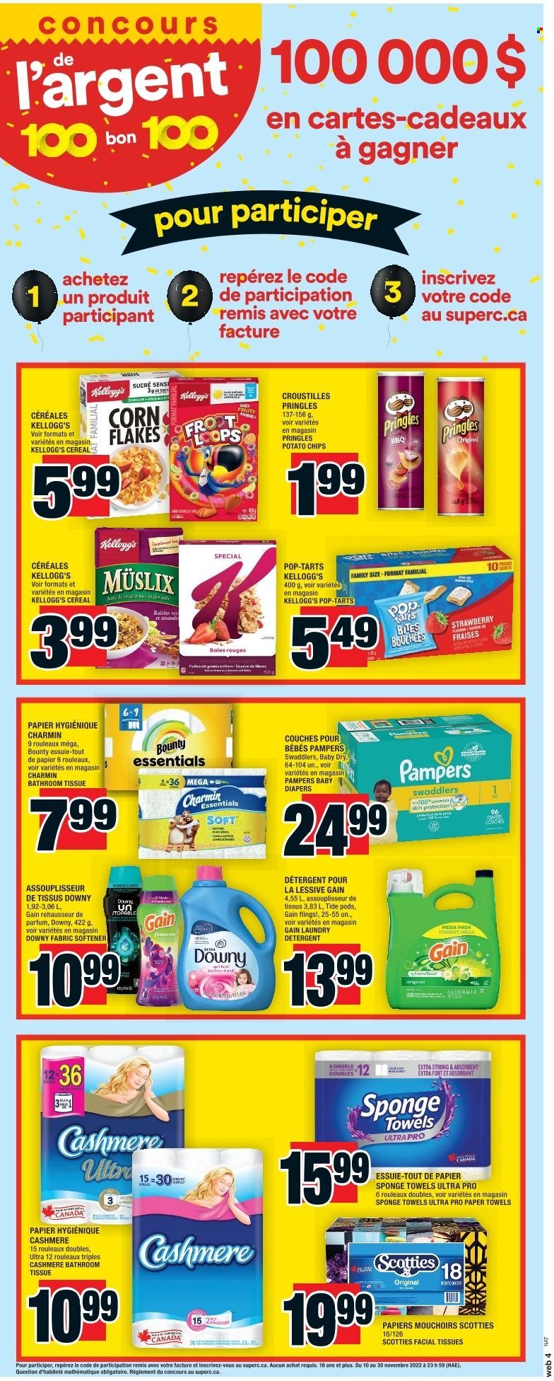 thumbnail - Super C Flyer - November 24, 2022 - November 30, 2022 - Sales products - Bounty, Kellogg's, Pop-Tarts, potato chips, Pringles, chips, cereals, corn flakes, nappies, bath tissue, kitchen towels, paper towels, Charmin, Gain, Tide, fabric softener, laundry detergent, Downy Laundry, facial tissues, eau de parfum, detergent, Pampers. Page 12.