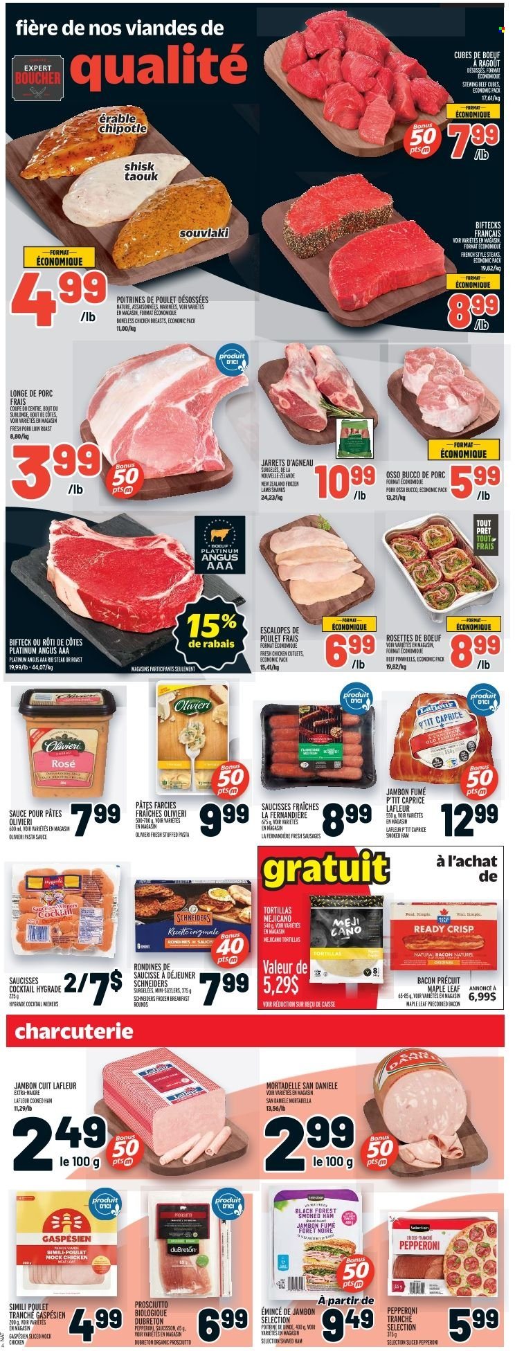 thumbnail - Metro Flyer - November 24, 2022 - November 30, 2022 - Sales products - tortillas, pasta sauce, sauce, bacon, cooked ham, mortadella, ham, prosciutto, smoked ham, sausage, pepperoni, rosé wine, chicken breasts, beef meat, stewing beef, pork loin, pork meat, rose, steak. Page 6.