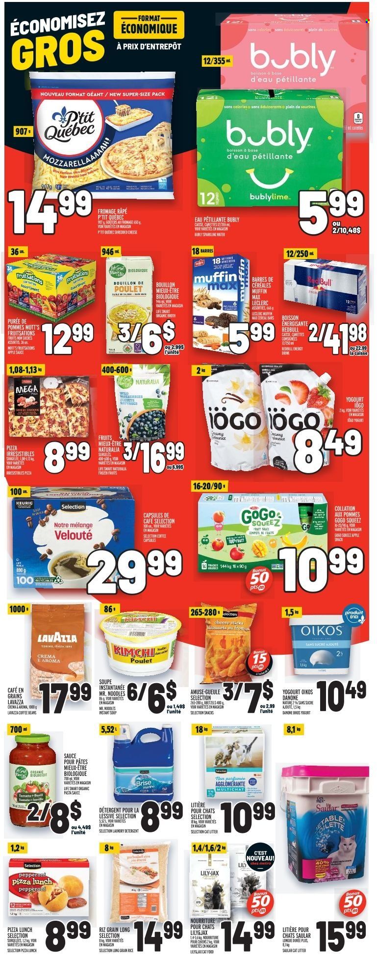thumbnail - Metro Flyer - November 24, 2022 - November 30, 2022 - Sales products - muffin, blueberries, Mott's, pizza, pasta sauce, condensed soup, soup, sauce, instant soup, pepperoni, shredded cheese, yoghurt, Oikos, cheese sticks, snack, cereal bar, bouillon, broth, cereals, miso, apple sauce, Red Bull, sparkling water, coffee beans, coffee capsules, Keurig, Lavazza, animal food, cat litter, cat food, detergent, Danone. Page 12.