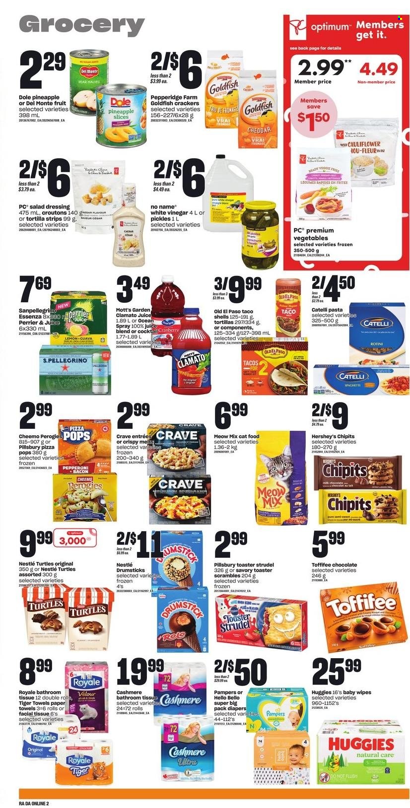 thumbnail - Dominion Flyer - November 24, 2022 - November 30, 2022 - Sales products - tortillas, strudel, Old El Paso, tacos, Dole, guava, Mott's, No Name, spaghetti, pizza, pasta, Pillsbury, bacon, pepperoni, Hershey's, milk chocolate, chocolate, Goldfish, croutons, pickles, Del Monte, salad dressing, dressing, vinegar, juice, Clamato, Perrier, San Pellegrino, wipes, baby wipes, nappies, bath tissue, kitchen towels, paper towels, animal food, turtles, cat food, Optimum, Meow Mix, radio, Nestlé, Huggies, Pampers. Page 8.