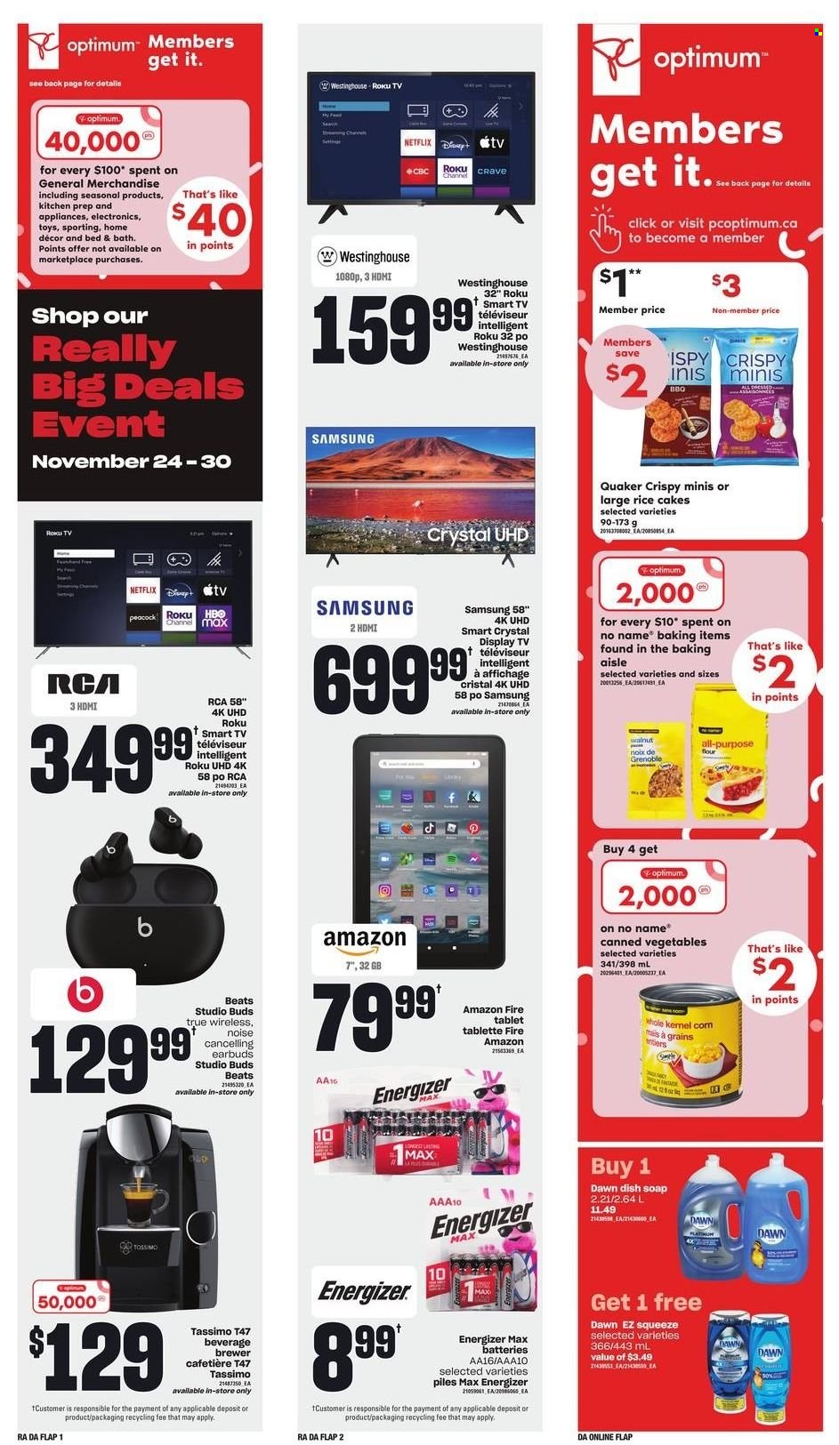 thumbnail - Dominion Flyer - November 24, 2022 - November 30, 2022 - Sales products - tablet, Amazon Fire, No Name, Quaker, brewer, canned vegetables, soap, battery, Optimum, Samsung, RCA, roku tv, UHD TV, TV, Beats, earbuds, bed, toys, Energizer, smart tv. Page 18.