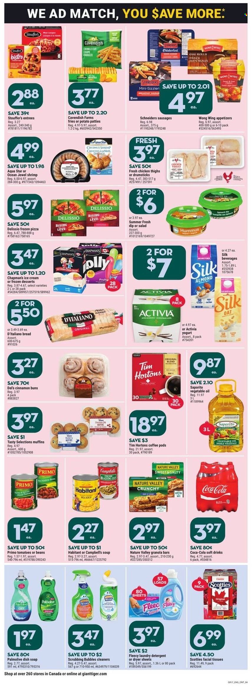thumbnail - Giant Tiger Flyer - November 23, 2022 - November 29, 2022 - Sales products - bread, buns, muffin, shrimps, Campbell's, pizza, soup, egg rolls, sausage, hummus, yoghurt, Activia, dip, ice cream, Stouffer's, potato fries, granola bar, Nature Valley, cinnamon, vegetable oil, oil, Coca-Cola, soft drink, coffee pods, chicken thighs, chicken, tissues, Scrubbing Bubbles, laundry detergent, dryer sheets, Palmolive, soap, facial tissues, detergent. Page 4.