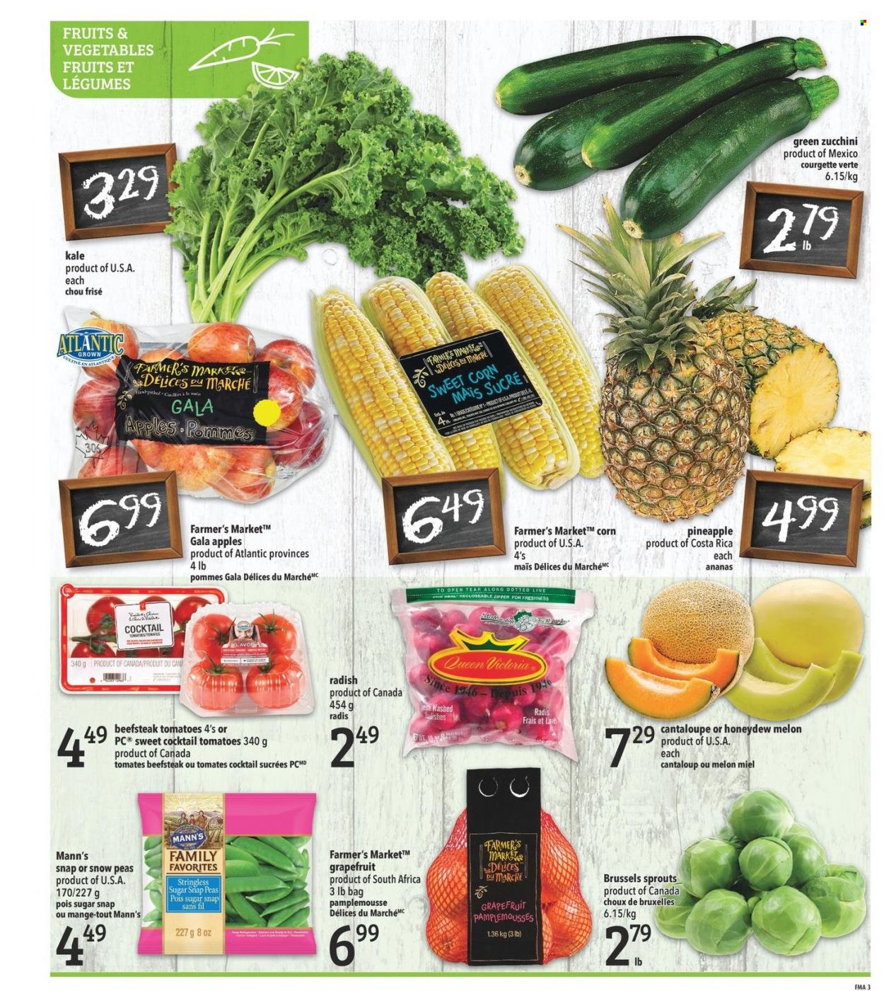 thumbnail - Freshmart Flyer - November 24, 2022 - November 30, 2022 - Sales products - cantaloupe, corn, radishes, snap peas, tomatoes, zucchini, kale, peas, brussel sprouts, sweet corn, courgette, apples, Gala, grapefruits, pineapple, melons, snow peas. Page 3.