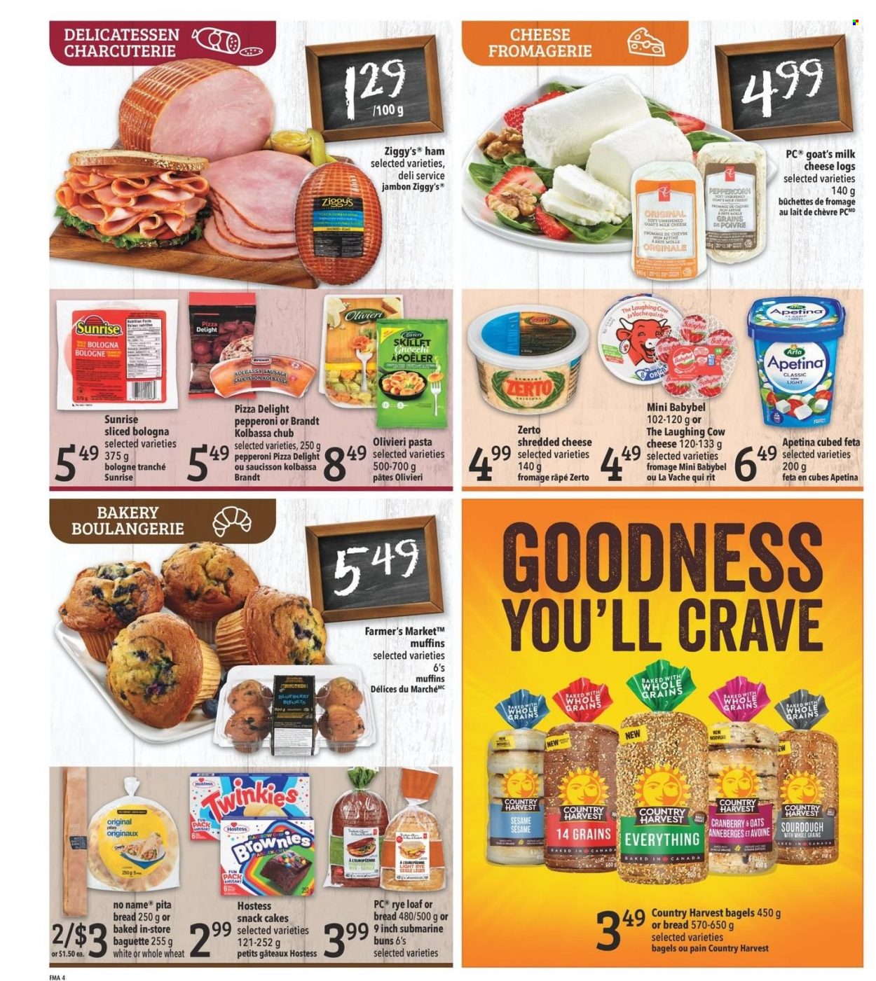 thumbnail - Freshmart Flyer - November 24, 2022 - November 30, 2022 - Sales products - bagels, bread, pita, cake, buns, muffin, No Name, pizza, pasta, ham, bologna sausage, sausage, pepperoni, shredded cheese, The Laughing Cow, feta, Babybel, Arla, milk, Country Harvest, snack, baguette, gnocchi. Page 4.