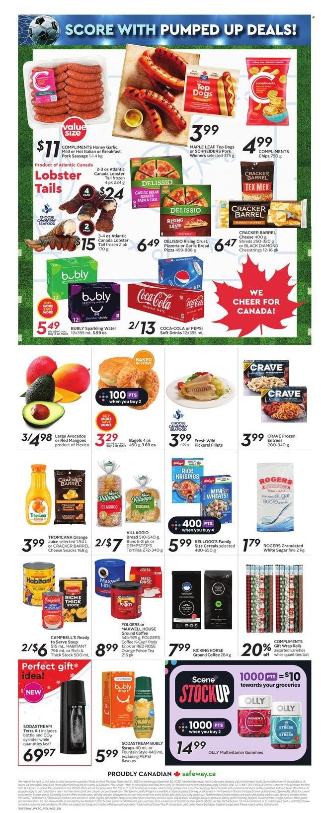 thumbnail - Safeway Flyer - November 24, 2022 - November 30, 2022 - Sales products - bagels, bread, tortillas, avocado, mango, lobster, seafood, lobster tail, walleye, Campbell's, pizza, soup, sausage, pork sausage, string cheese, snack, crackers, Kellogg's, sugar, Rice Krispies, Classico, honey, Coca-Cola, Pepsi, orange juice, juice, soft drink, Maxwell House, tea, coffee, Folgers, ground coffee, coffee capsules, K-Cups, wine, rosé wine, rose, multivitamin. Page 2.