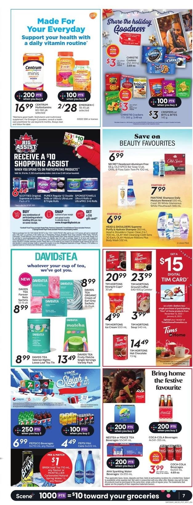 thumbnail - Safeway Flyer - November 24, 2022 - November 30, 2022 - Sales products - soup, ice cream, cookies, crackers, RITZ, chips, spice, Coca-Cola, Pepsi, ice tea, spring water, sparkling water, hot chocolate, matcha, coffee, ground coffee, coffee capsules, K-Cups, Keurig, bath tissue, Purex, body wash, soap bar, soap, mouthwash, Crest, Olay, body lotion, anti-perspirant, pot, multivitamin, Emergen-C, Centrum, shampoo, Head & Shoulders, Pantene, Old Spice, Oreo, Oral-B, deodorant. Page 8.