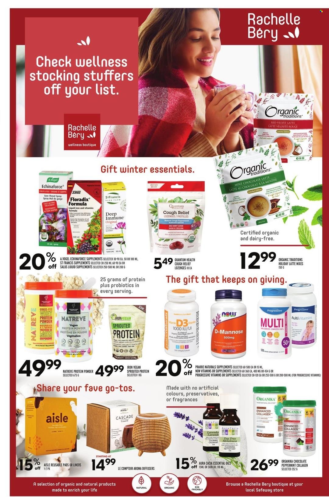 thumbnail - Safeway Flyer - November 24, 2022 - November 30, 2022 - Sales products - cherries, chocolate, pastilles, extra virgin olive oil, oil, Cascade, sanitary pads, Cold & Flu, multivitamin, probiotics, whey protein, Echinaforce, vitamin D3. Page 16.