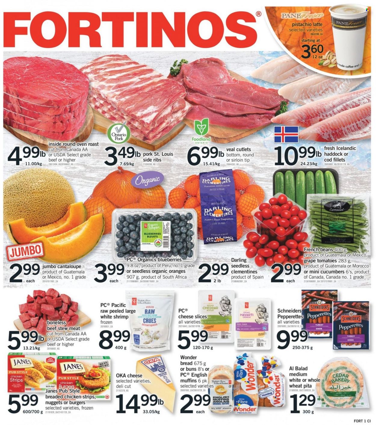 thumbnail - Fortinos Flyer - November 24, 2022 - November 30, 2022 - Sales products - stew meat, bread, english muffins, hot dog rolls, pita, buns, cantaloupe, cucumber, french beans, tomatoes, blueberries, clementines, oranges, cod, haddock, shrimps, hot dog, nuggets, fried chicken, sliced cheese, Havarti, cheddar, cheese, strips, chicken strips, coffee, veal cutlet, veal meat, oven. Page 1.