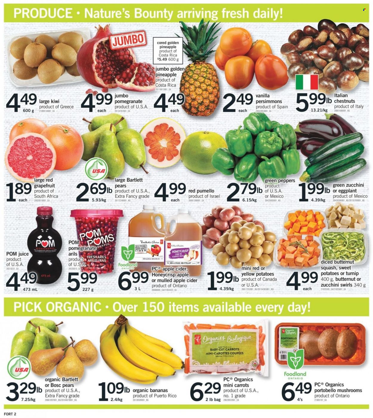 thumbnail - Fortinos Flyer - November 24, 2022 - November 30, 2022 - Sales products - portobello mushrooms, mushrooms, butternut squash, carrots, sweet potato, zucchini, potatoes, peppers, eggplant, bananas, Bartlett pears, grapefruits, pineapple, pears, persimmons, organic bananas, pomegranate, Président, chestnuts, juice, apple cider, cider, Pom Poms, Nature's Bounty, kiwi. Page 3.