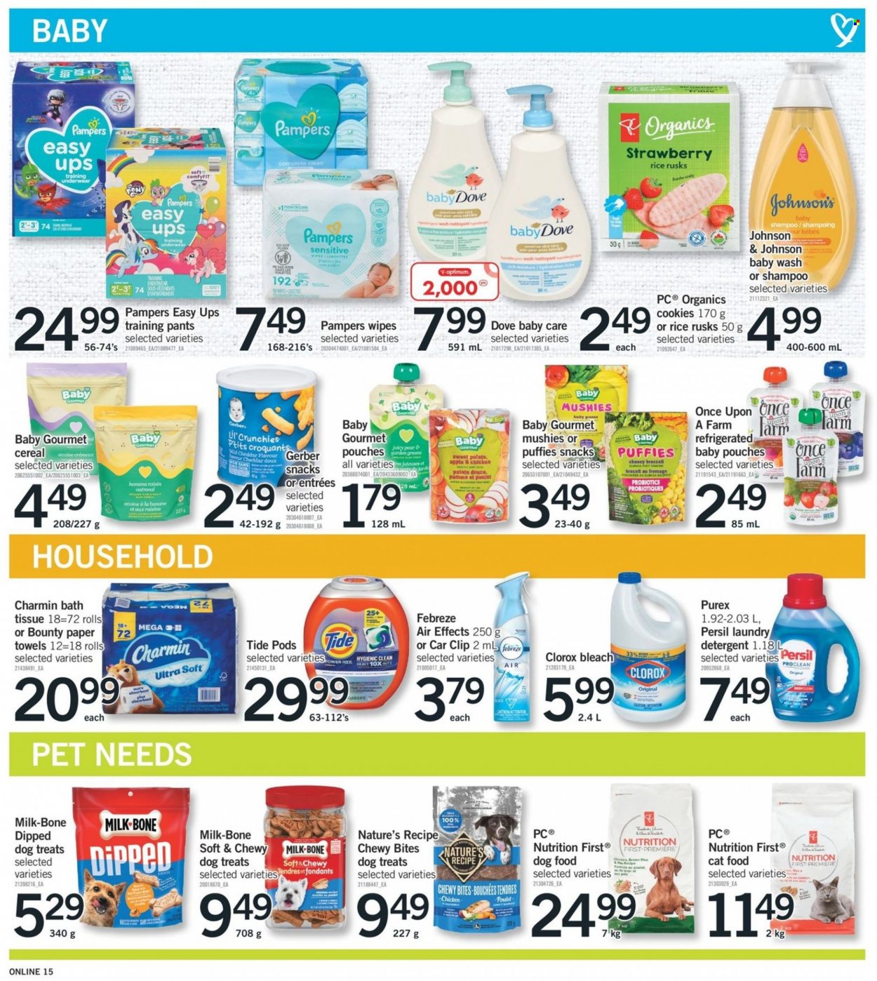 thumbnail - Fortinos Flyer - November 24, 2022 - November 30, 2022 - Sales products - rusks, sweet potato, cheddar, cheese, milk, cookies, Dove, snack, Bounty, Gerber, Lil' Crunchies, oatmeal, pickles, cereals, brown rice, dried fruit, wipes, pants, Johnson's, baby pants, bath tissue, kitchen towels, paper towels, Charmin, Febreze, bleach, Clorox, Tide, Persil, laundry detergent, Purex, animal food, PREMIERE, cat food, dog food, Optimum, underwear, probiotics, detergent, quinoa, raisins, shampoo, Pampers. Page 15.