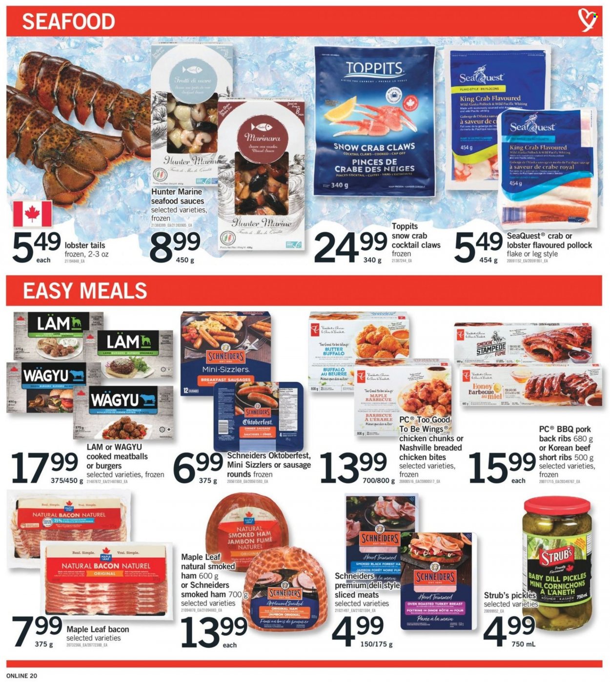 thumbnail - Fortinos Flyer - November 24, 2022 - November 30, 2022 - Sales products - lobster, king crab, pollock, seafood, crab, lobster tail, whiting, meatballs, fried chicken, bacon, ham, smoked ham, sausage, chicken bites, pickles, dill, honey, beef ribs, pork meat, pork ribs, pork back ribs, pan, candle, Lack, cap, Hunter. Page 19.
