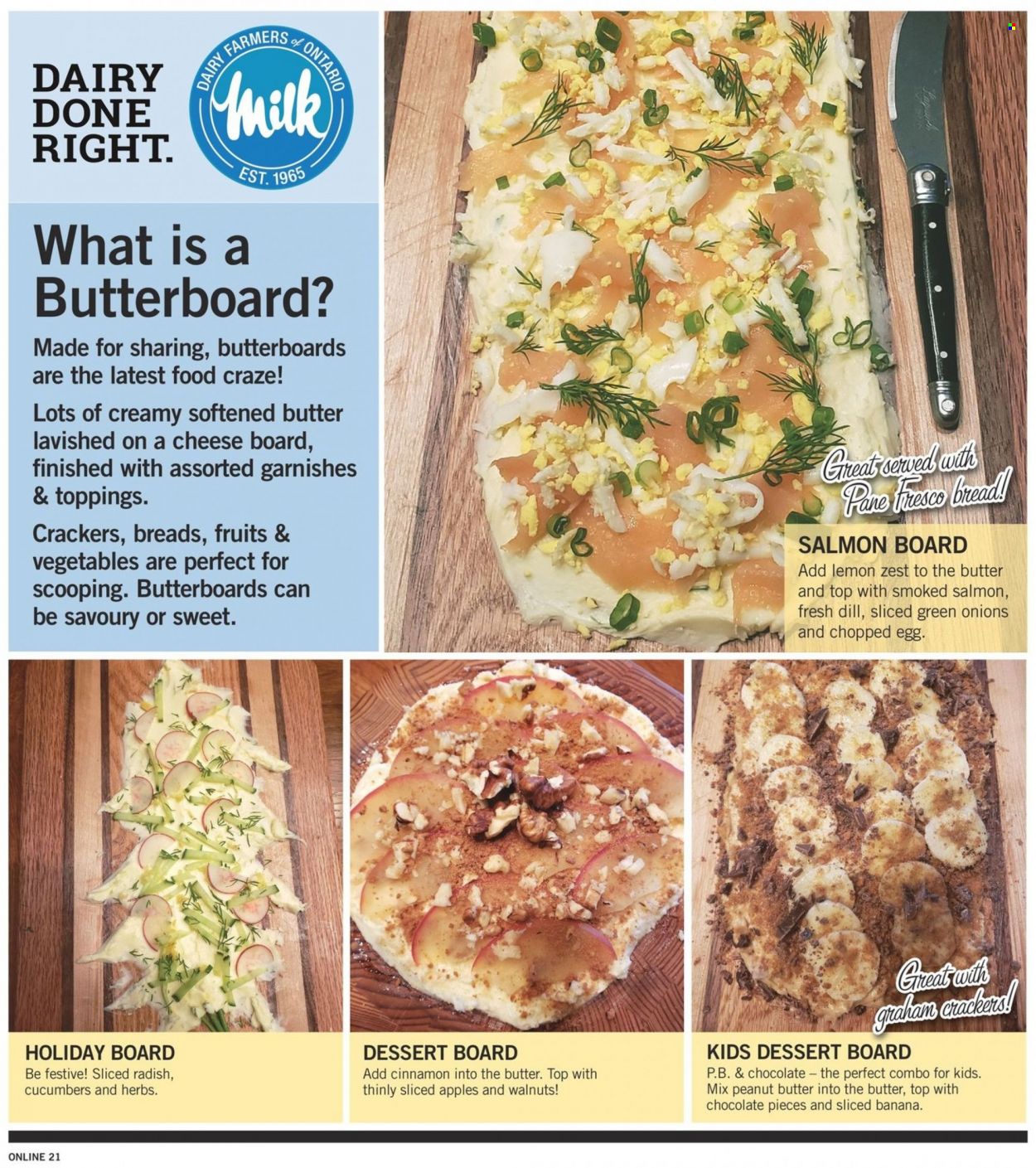 thumbnail - Fortinos Flyer - November 24, 2022 - November 30, 2022 - Sales products - cucumber, radishes, green onion, salmon, smoked salmon, milk, eggs, chocolate, crackers, dill, herbs, cinnamon, peanut butter, walnuts, cheese board. Page 20.