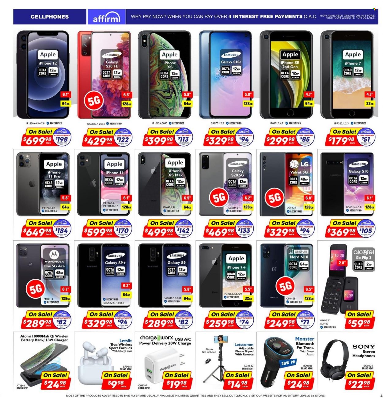 thumbnail - Factory Direct Flyer - November 24, 2022 - November 29, 2022 - Sales products - Sony, Apple, Samsung Galaxy, cake, Ace, battery, Samsung, iPhone, phone, mobile phone, iPhone 12, iPhone SE, Samsung Galaxy S, OnePlus, Samsung Galaxy S20, Samsung Galaxy S9, Alcatel, iPhone XS max, tripod, headphones, earbuds, camera, LG, Motorola, iPhone 7, iPhone XS. Page 4.