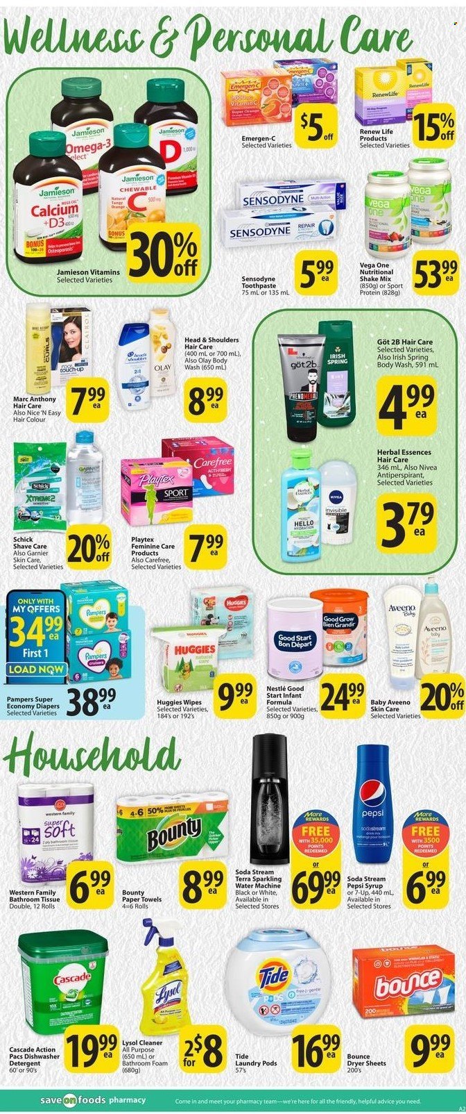 thumbnail - Save-On-Foods Flyer - November 24, 2022 - November 30, 2022 - Sales products - oranges, shake, Bounty, syrup, Pepsi, 7UP, wipes, nappies, Aveeno, Nivea, bath tissue, kitchen towels, paper towels, cleaner, Lysol, Tide, Bounce, Cascade, dryer sheets, body wash, toothpaste, Playtex, Carefree, Olay, hair color, Herbal Essences, anti-perspirant, Schick, SodaStream, vitamin c, Omega-3, Emergen-C, vitamin D3, calcium, detergent, Garnier, Nestlé, Head & Shoulders, Huggies, Pampers, Sensodyne. Page 14.