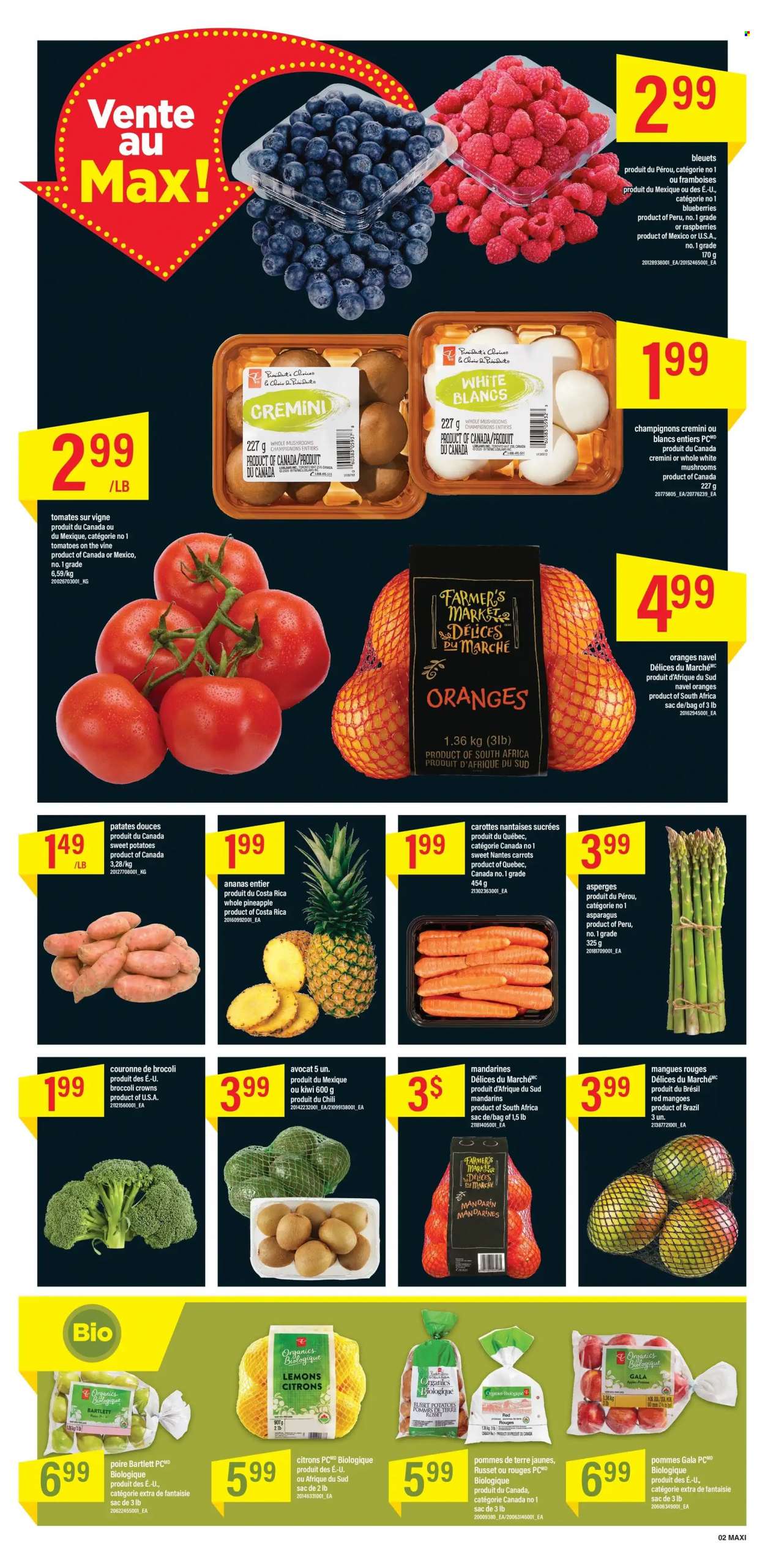 thumbnail - Maxi Flyer - November 24, 2022 - November 30, 2022 - Sales products - mushrooms, asparagus, carrots, russet potatoes, sweet potato, tomatoes, potatoes, apples, blueberries, Gala, mandarines, mango, pineapple, oranges, lemons, navel oranges, Président, kiwi. Page 2.