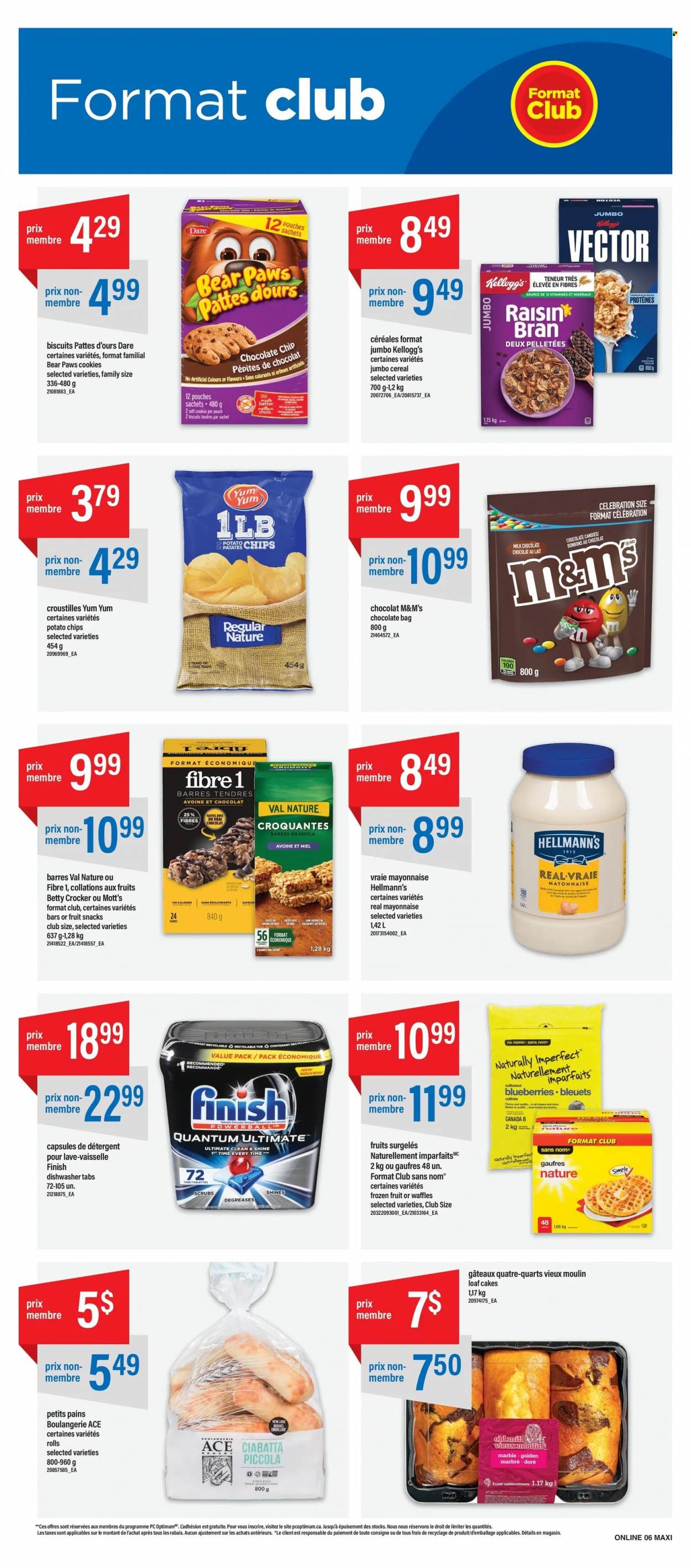 thumbnail - Maxi Flyer - November 24, 2022 - November 30, 2022 - Sales products - cake, Ace, waffles, blueberries, Mott's, No Name, mayonnaise, Hellmann’s, cookies, milk chocolate, Celebration, Kellogg's, biscuit, club milk, fruit snack, chocolate candies, potato chips, cereals, Raisin Bran, ciabatta, detergent, granola, M&M's. Page 11.