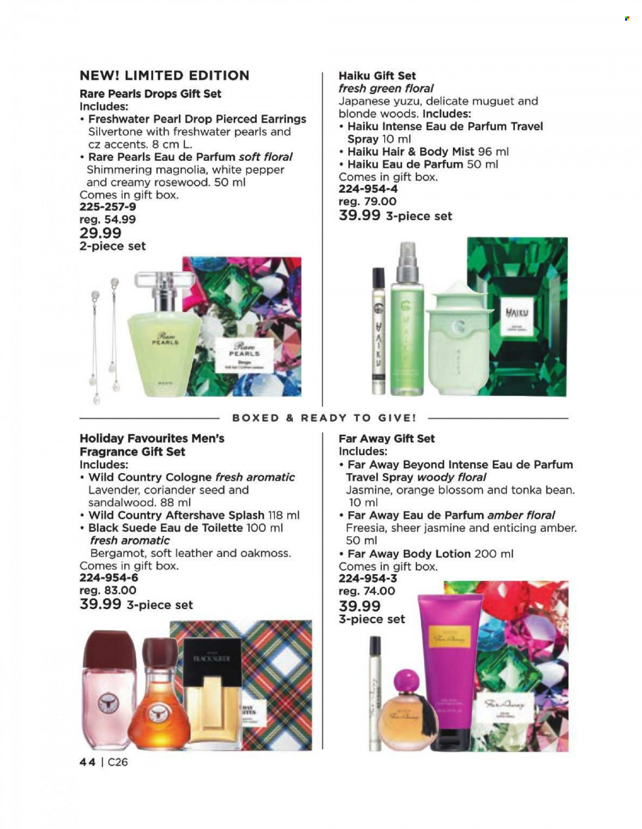 thumbnail - Avon Flyer - Sales products - body lotion, body mist, after shave, eau de parfum, cologne, far away, fragrance, travel spray, gift set, gift box, earrings, eau de toilette. Page 44.