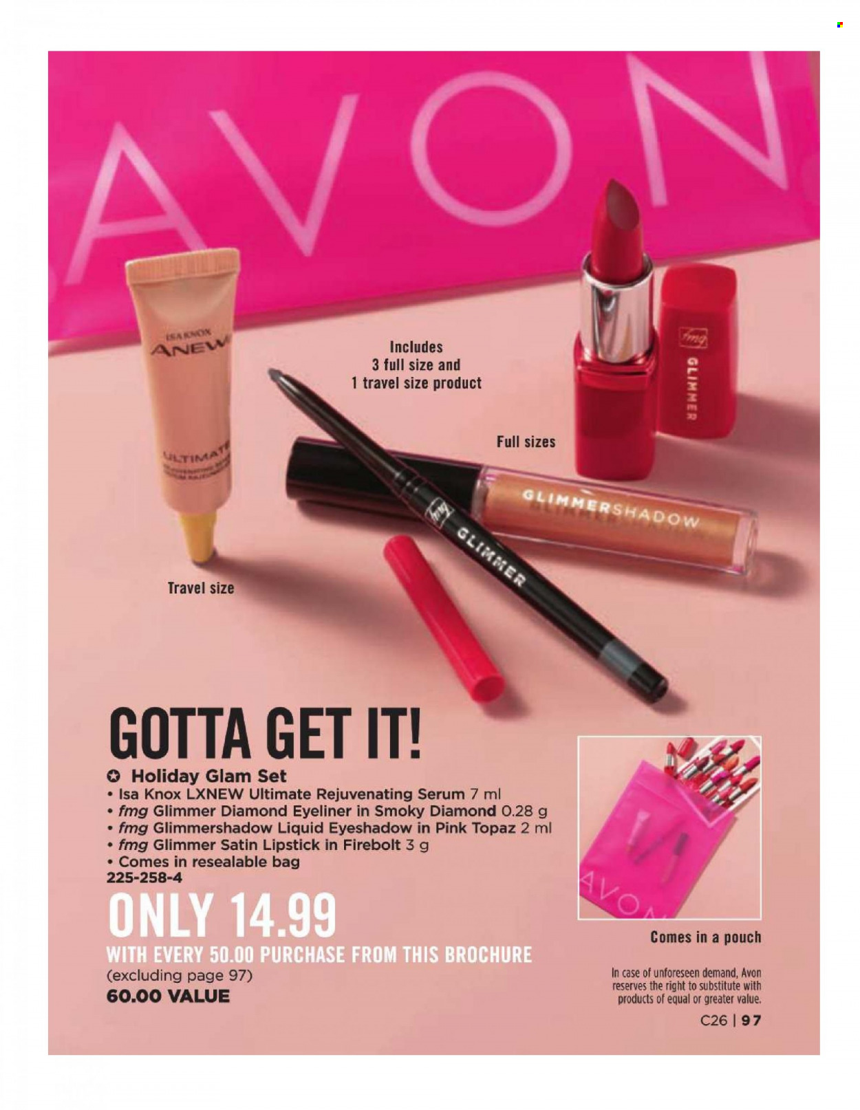 thumbnail - Avon Flyer - Sales products - Avon, Anew, serum, regenerating serum, bag, eyeshadow, lipstick, eyeliner. Page 97.