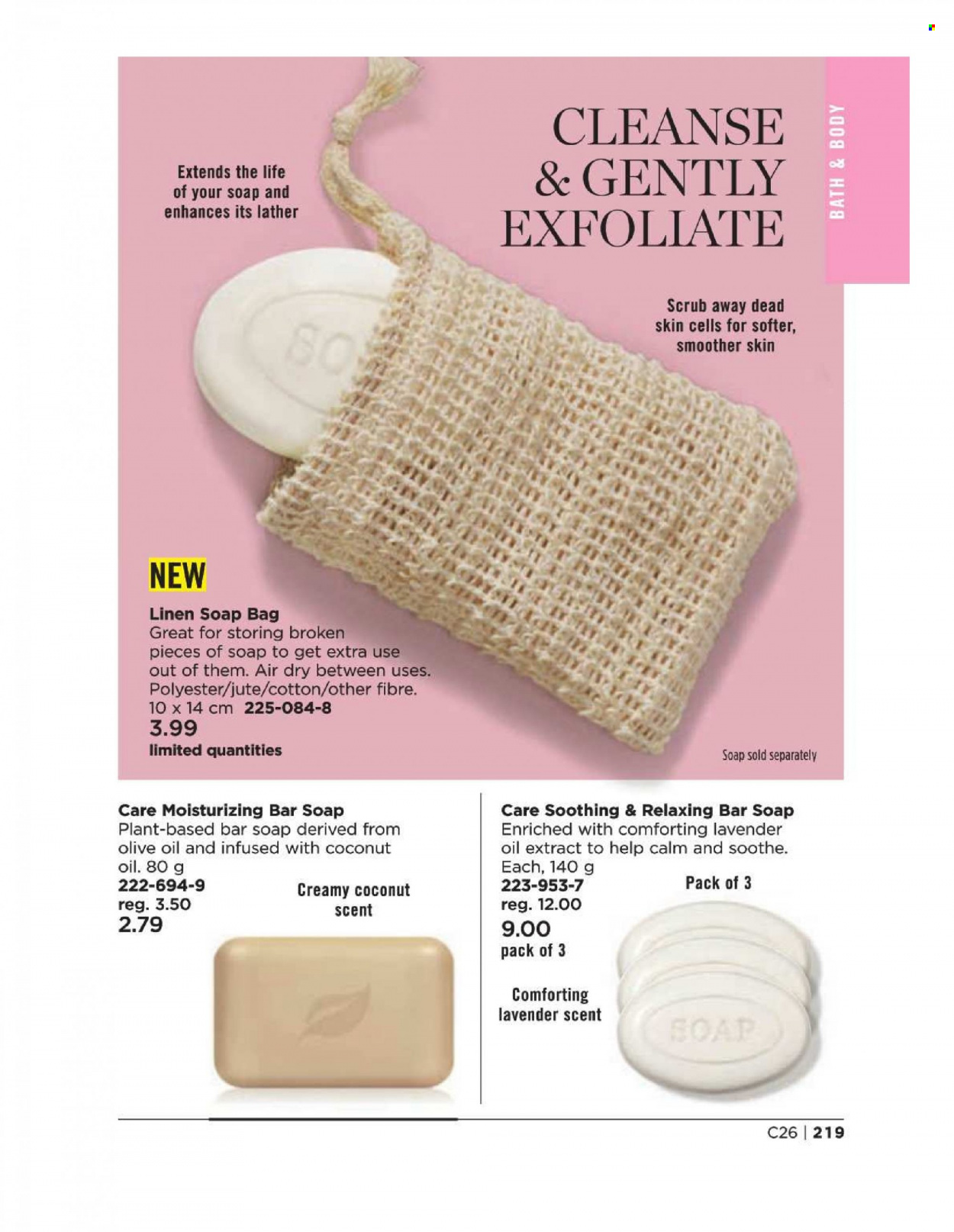 thumbnail - Avon Flyer - Sales products - soap bar, soap, bag, linens. Page 219.