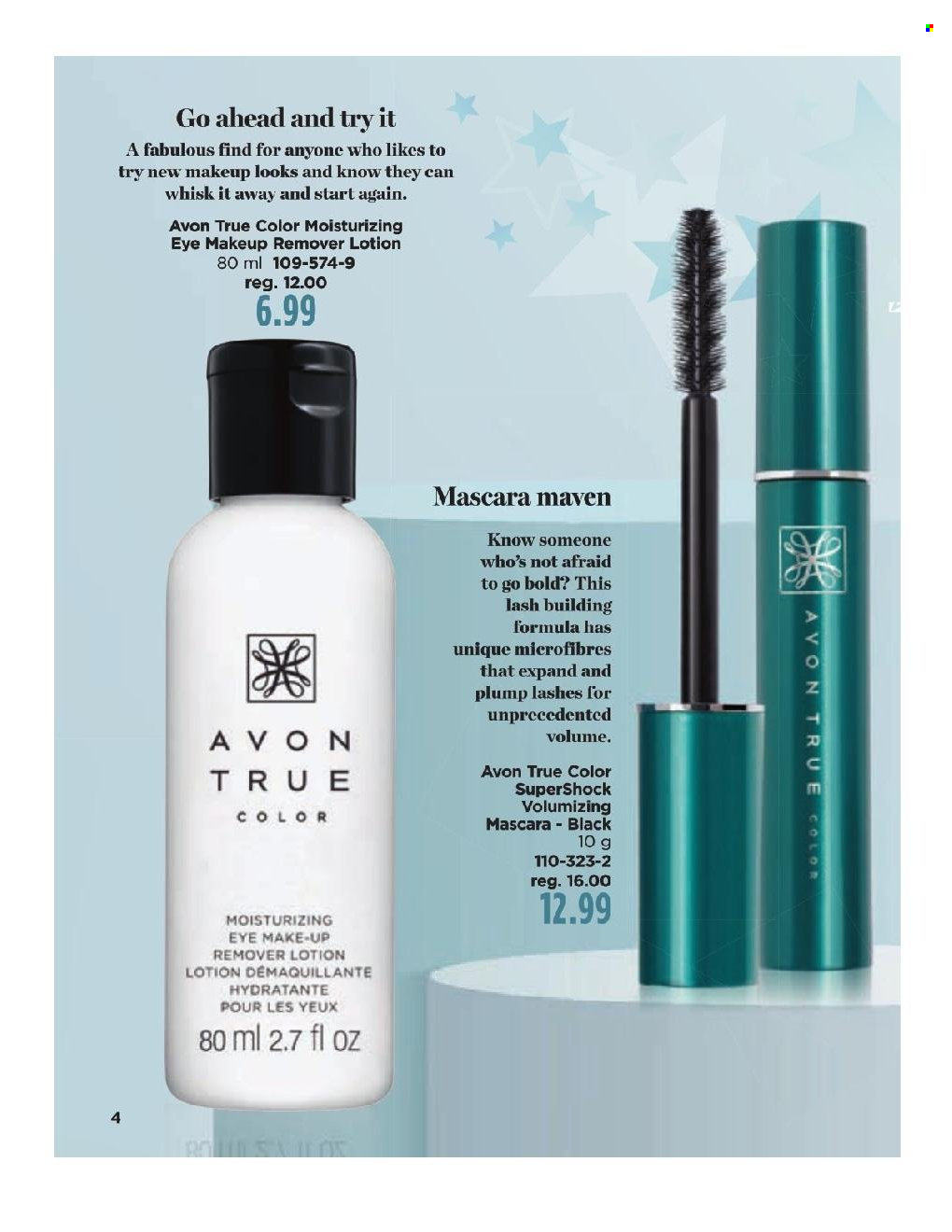 thumbnail - Avon Flyer - Sales products - Avon, True Color, body lotion, makeup remover, mascara. Page 4.