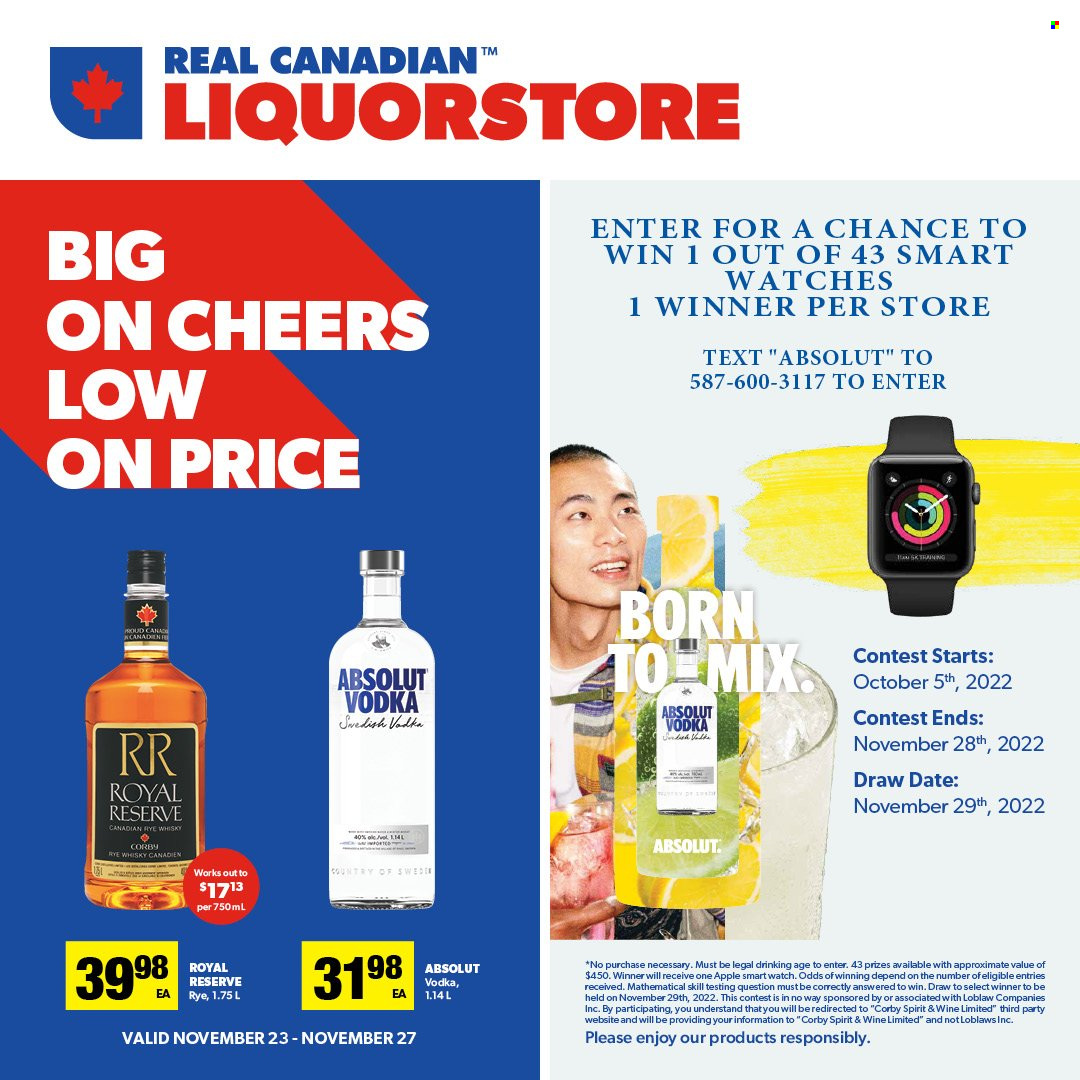 Real Canadian Liquorstore Flyer - November 23, 2022 - November 27, 2022 - Sales products - wine, Absolut, whisky, vodka. Page 2.