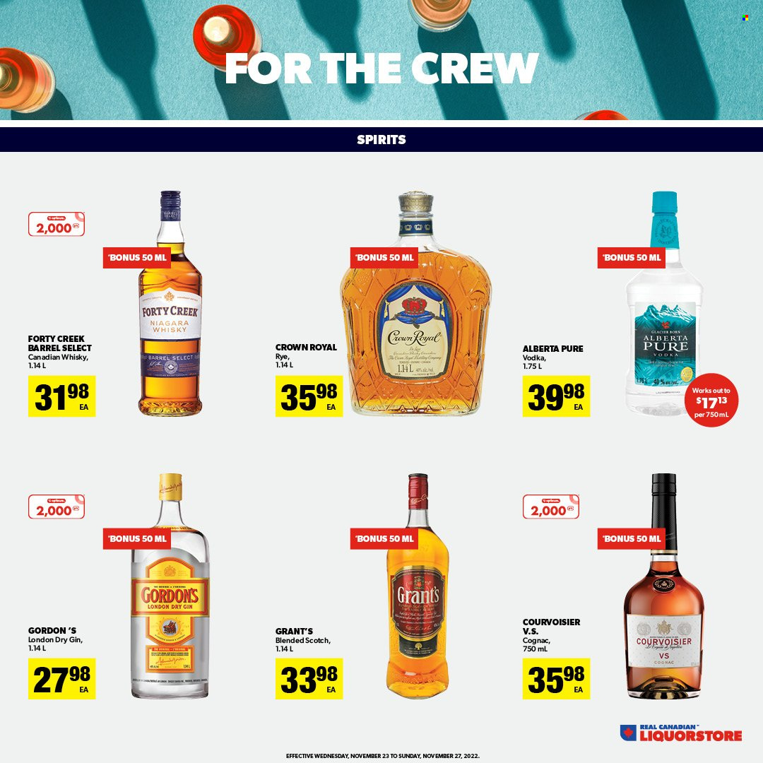 thumbnail - Real Canadian Liquorstore Flyer - November 23, 2022 - November 27, 2022 - Sales products - canadian whisky, gin, Gordon's, Grant's, cognac, vodka. Page 8.