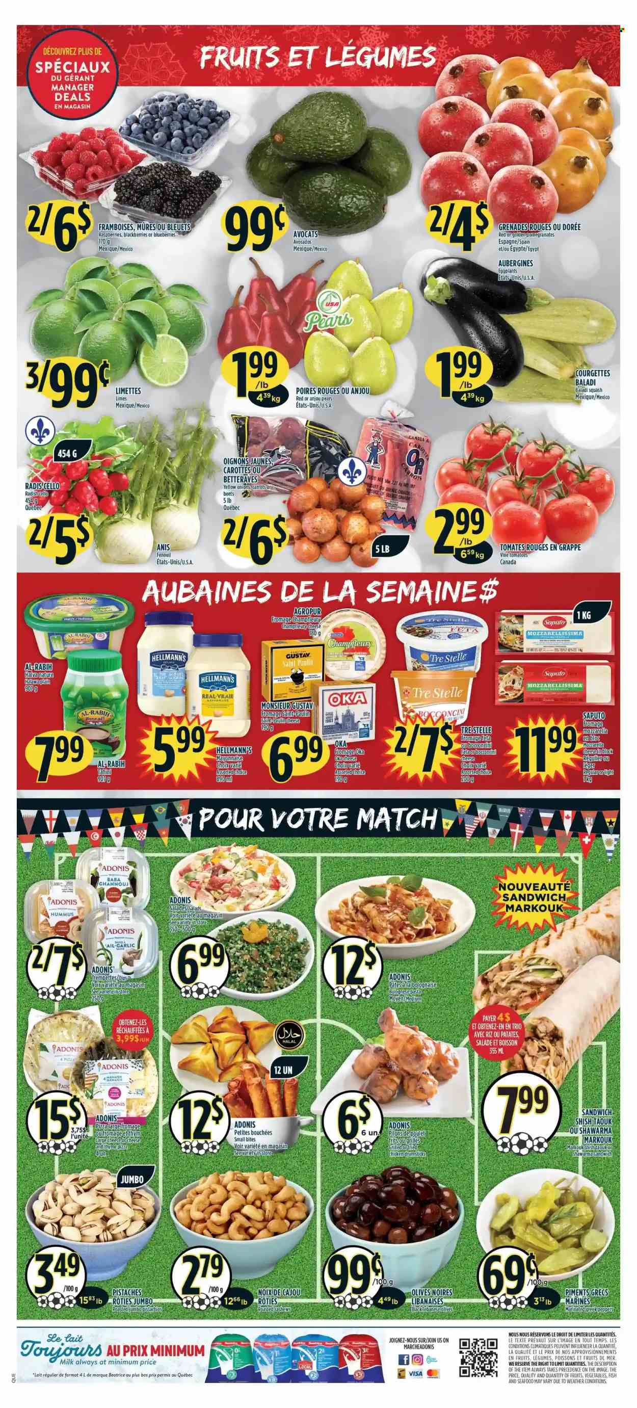 thumbnail - Adonis Flyer - November 24, 2022 - November 30, 2022 - Sales products - carrots, garlic, radishes, peppers, eggplant, avocado, blackberries, blueberries, limes, pears, pomegranate, seafood, pizza, sandwich, pasta, sauce, fried chicken, hummus, bocconcini, feta, milk, mayonnaise, Hellmann’s, rice, tahini, cashews, pistachios, chicken, brace, olives. Page 2.
