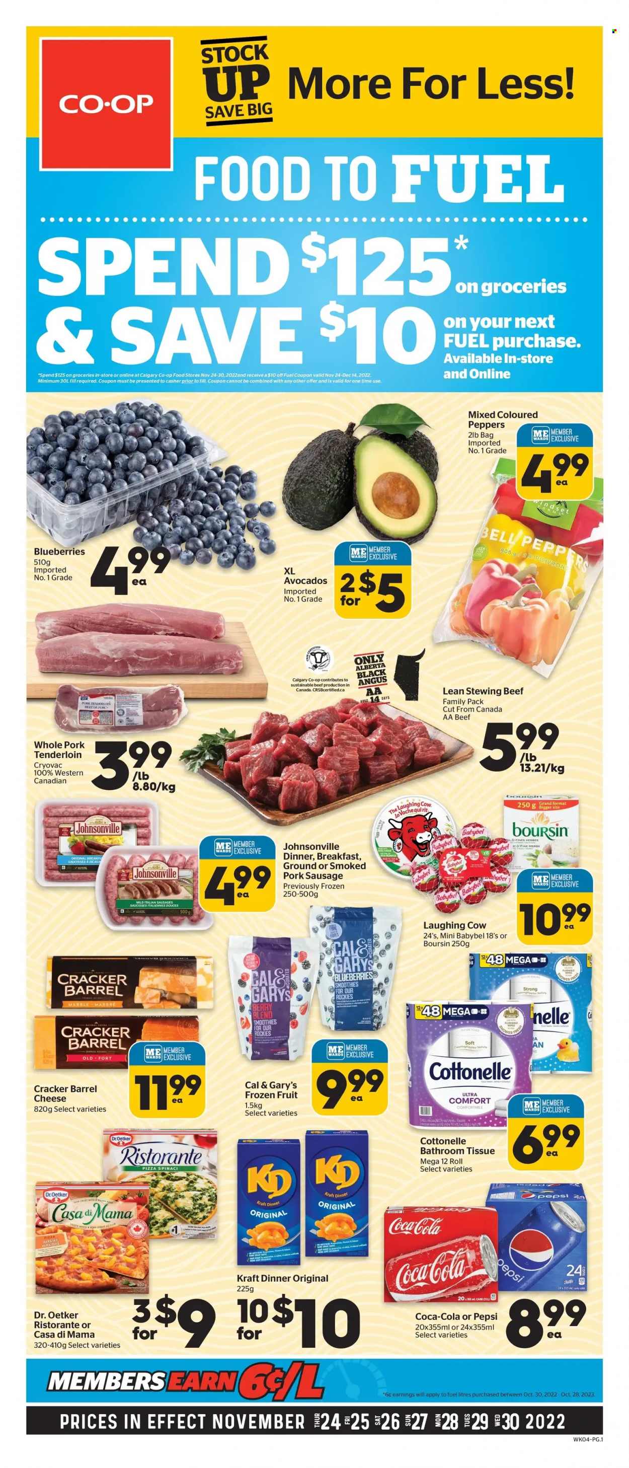 thumbnail - Calgary Co-op Flyer - November 24, 2022 - November 30, 2022 - Sales products - bell peppers, peppers, avocado, blueberries, pizza, Kraft®, Johnsonville, sausage, pork sausage, The Laughing Cow, Dr. Oetker, Babybel, crackers, Coca-Cola, Pepsi, smoothie, beef meat, stewing beef, pork meat, pork tenderloin, bath tissue, Cottonelle. Page 1.