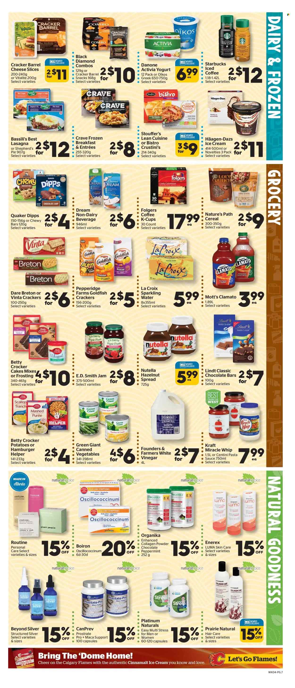 thumbnail - Calgary Co-op Flyer - November 24, 2022 - November 30, 2022 - Sales products - pretzels, cake, pie, green beans, potatoes, pears, coconut, peaches, Mott's, scallops, perch, pasta sauce, sauce, Quaker, noodles, lasagna meal, Lean Cuisine, Kraft®, sliced cheese, cheese, yoghurt, Activia, Oikos, whipped cream, Miracle Whip, ice cream, Häagen-Dazs, Stouffer's, chocolate chips, snack, crackers, chocolate bar, Goldfish, frosting, cereals, caramel, vinegar, fruit jam, hazelnut spread, Clamato, sparkling water, iced coffee, Folgers, coffee capsules, Starbucks, K-Cups, Keurig, conditioner, anti-perspirant, Oscillococcinum, Boiron, Nutella, Danone, Lindt, deodorant. Page 10.