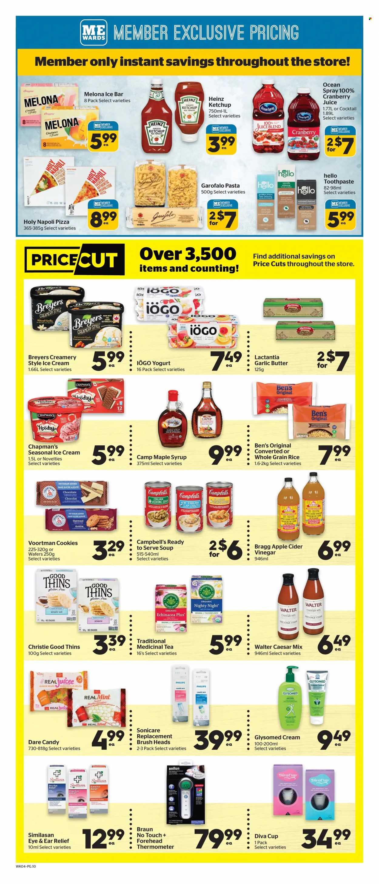 thumbnail - Calgary Co-op Flyer - November 24, 2022 - November 30, 2022 - Sales products - Campbell's, pizza, sandwich, soup, pasta, noodles, yoghurt, ice cream, butterscotch, cookies, wafers, crackers, Thins, rice crackers, oatmeal, clam chowder, whole grain rice, apple cider vinegar, vinegar, maple syrup, syrup, cranberry juice, juice, tea, toothpaste, body lotion, brush, vitamin c, gelatin, activated charcoal, thermometer, Braun, Heinz, ketchup. Page 13.