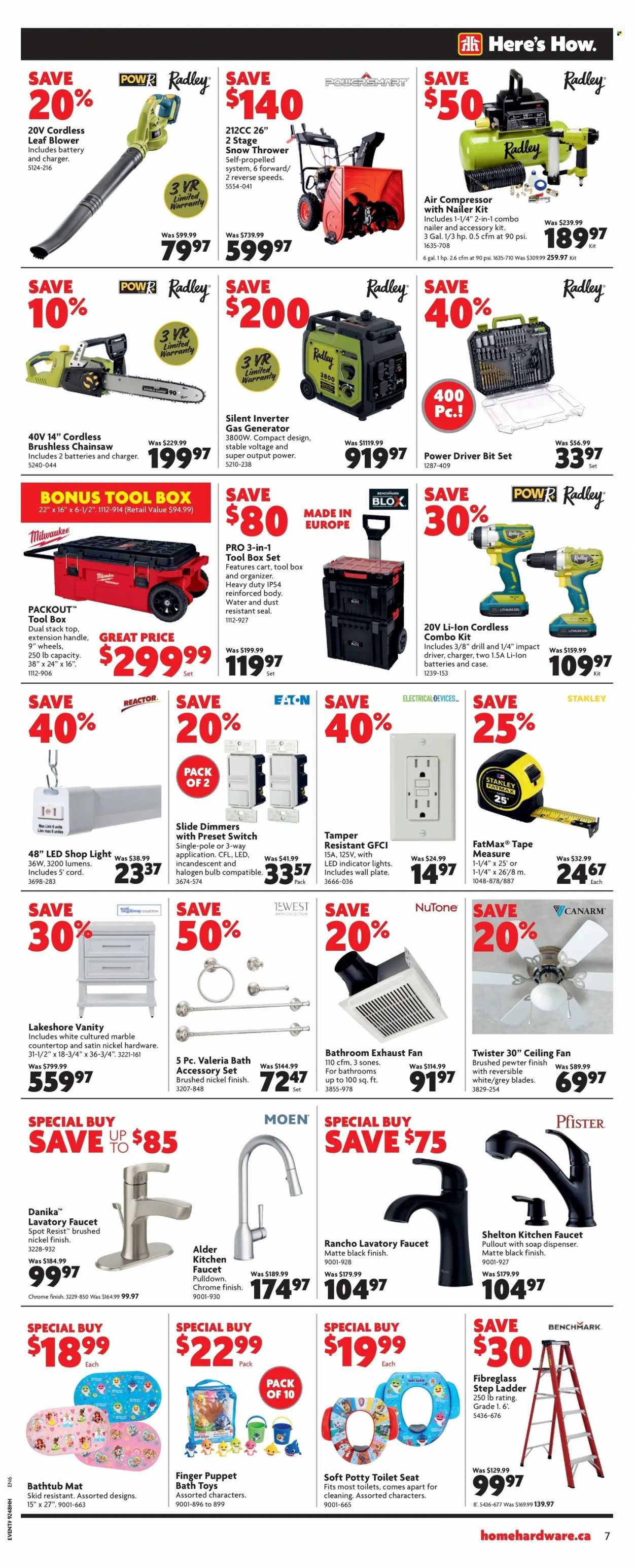thumbnail - Home Hardware Flyer - November 24, 2022 - November 30, 2022 - Sales products - ceiling fan, vanity, ladder, toilet seat, faucet, Stanley, shop light, switch, Milwaukee, cordless combo kit, drill, impact driver, chain saw, leaf blower, tool box, combo kit, blower, air compressor, measuring tape, cart, gas generator, nailer, generator. Page 8.