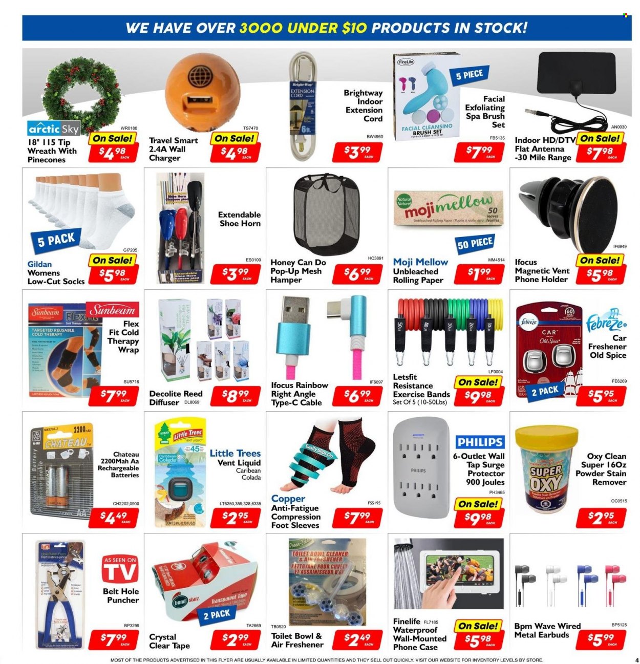 thumbnail - Factory Direct Flyer - November 23, 2022 - November 29, 2022 - Sales products - Philips, hamper, Febreze, cleaner, stain remover, WAVE, wall charger, brush, brush set, deco strips, paper, diffuser, air freshener, Sunbeam, mobile phone holder, earbuds, antenna, wreath, socks, Old Spice. Page 4.