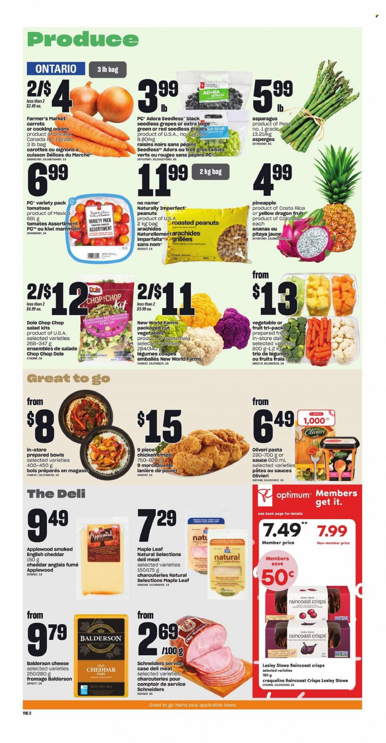 thumbnail - Independent Flyer - November 24, 2022 - November 30, 2022 - Sales products - asparagus, Bella, carrots, tomatoes, onion, salad, Dole, grapes, seedless grapes, pineapple, dragon fruit, No Name, pasta, bacon, cheddar, cheese, strips, chicken strips, roasted peanuts, peanuts, dried fruit, Optimum, kiwi, raisins. Page 3.